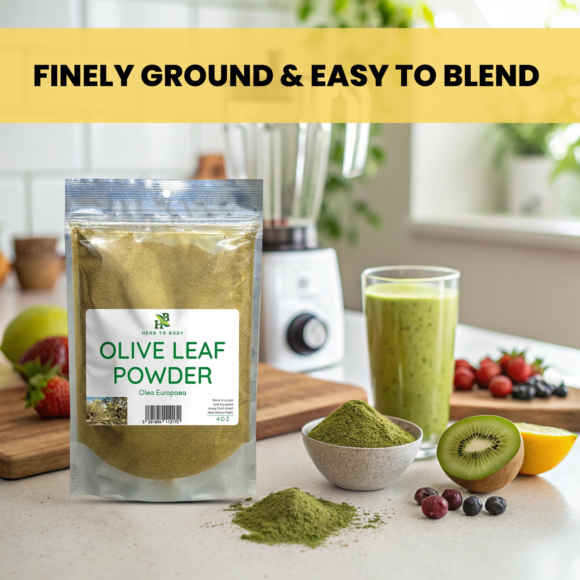 Herb To Body Olive Leaf Powder 120g with a measuring scoop