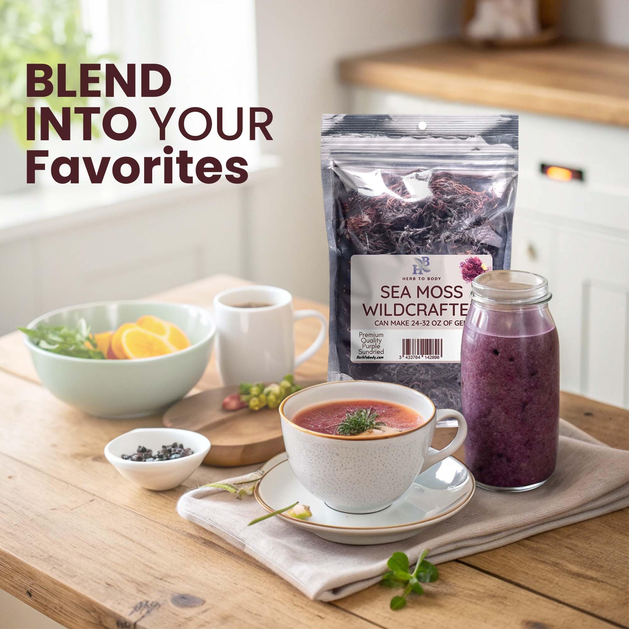 Herb To Body Purple Sea Moss in a glass of lemonade