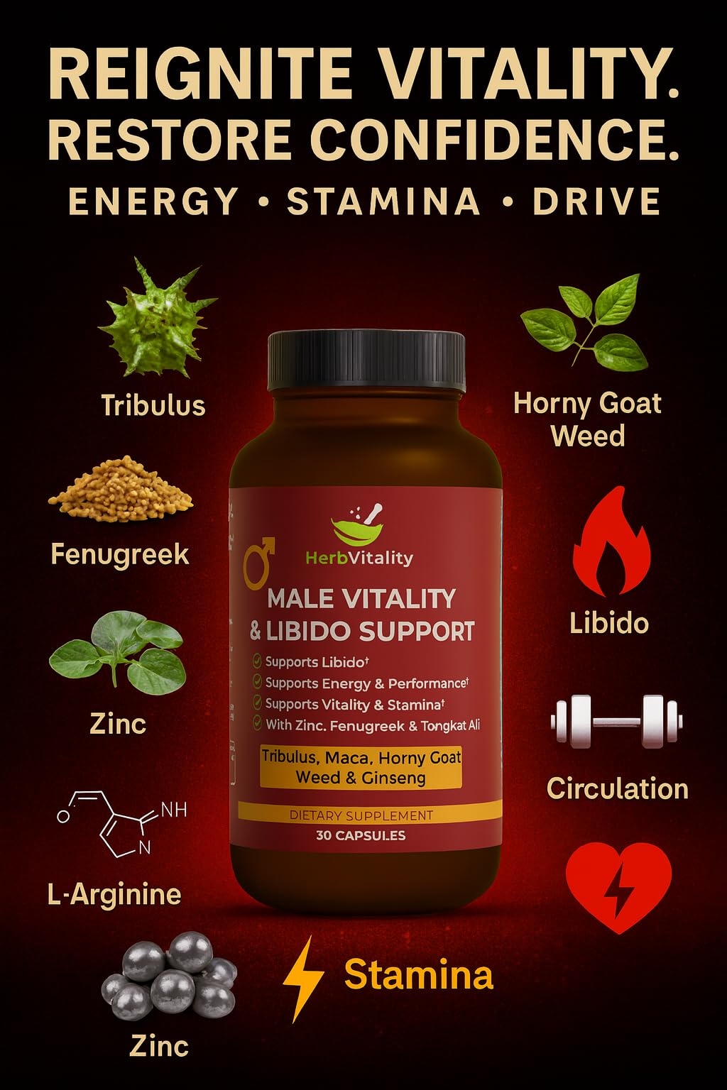 Herb Vitality Horny Goat Weed Supplement displayed with other herbal supplements