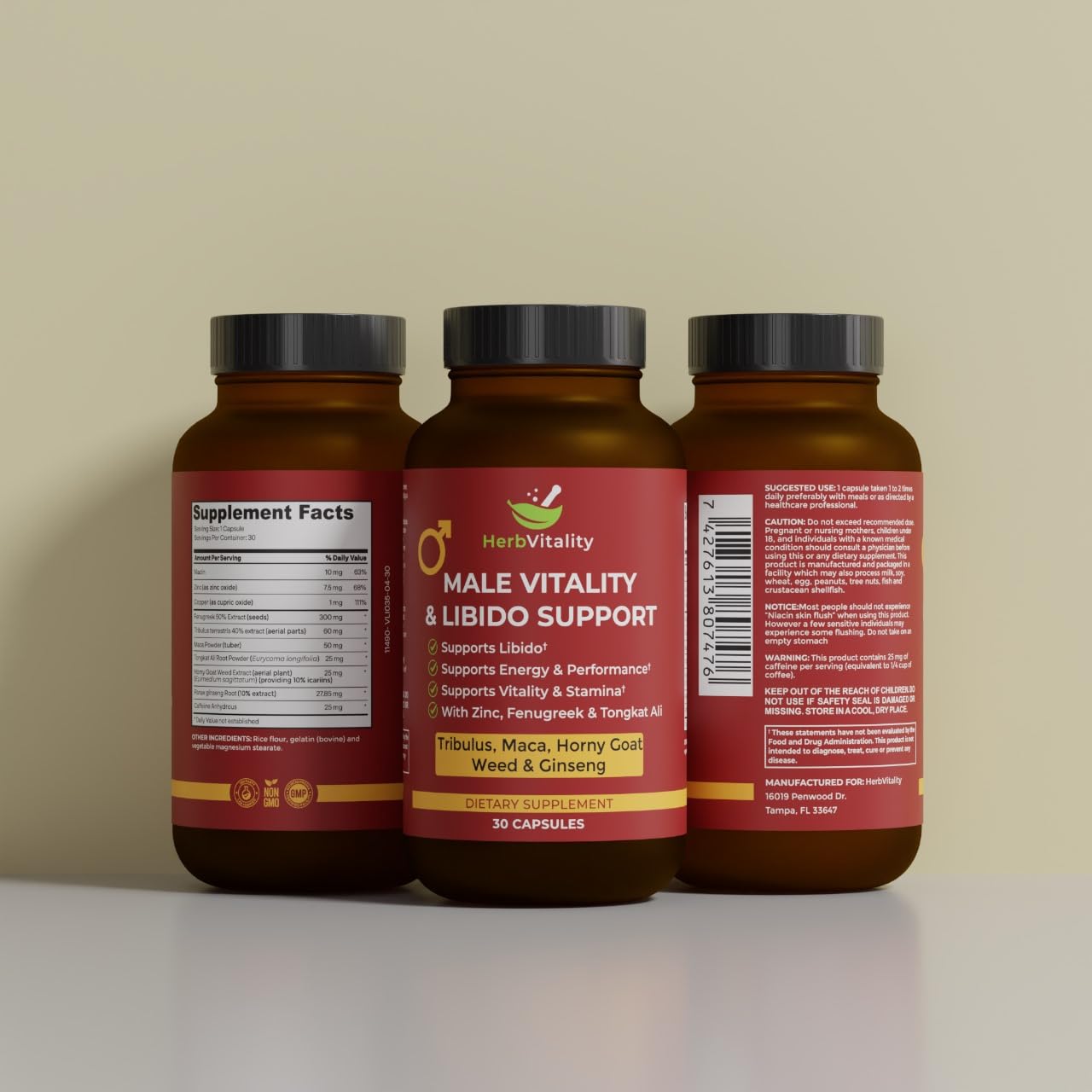 Herb Vitality Horny Goat Weed Supplement lifestyle scene with a glass of water