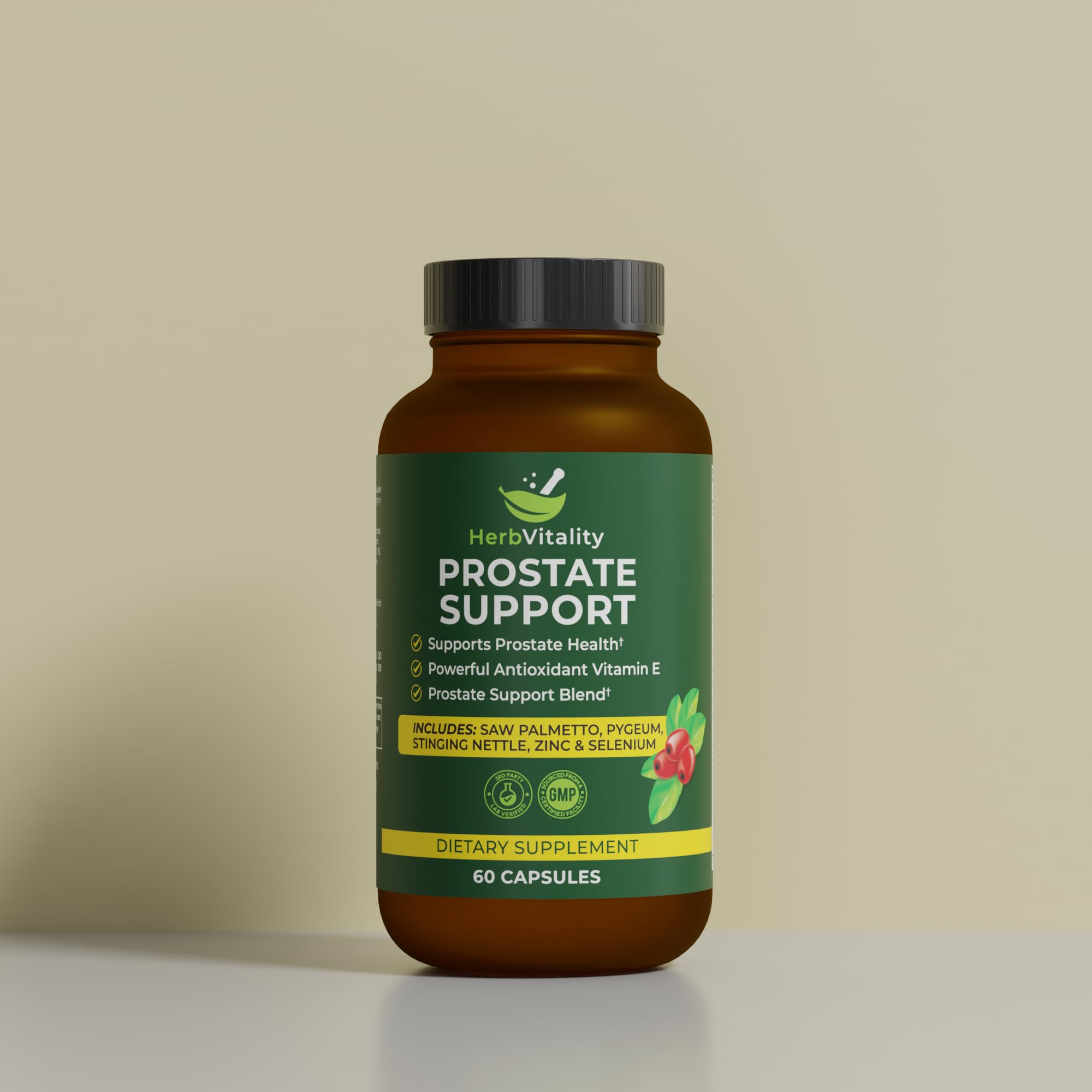 Herb Vitality Saw Palmetto capsules in a bottle