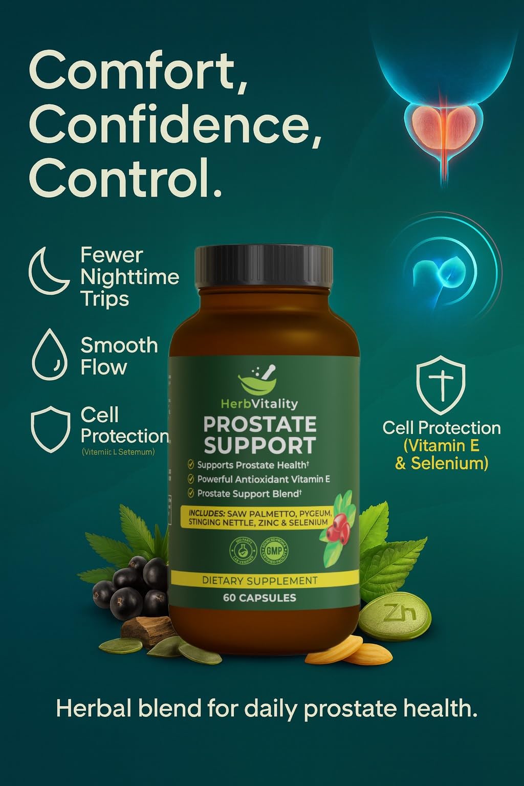 Herb Vitality Saw Palmetto supplement with measuring spoon