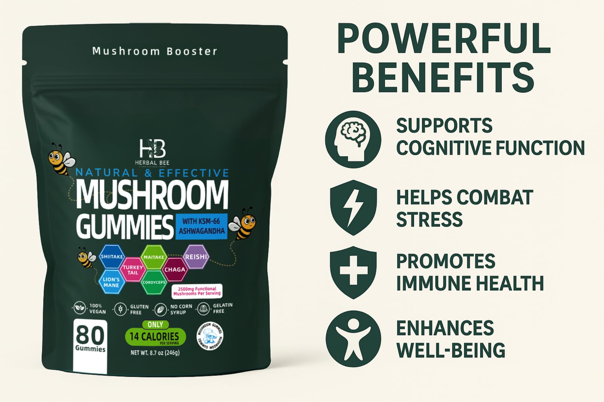 Herbal Bee gummies displayed with natural ingredients