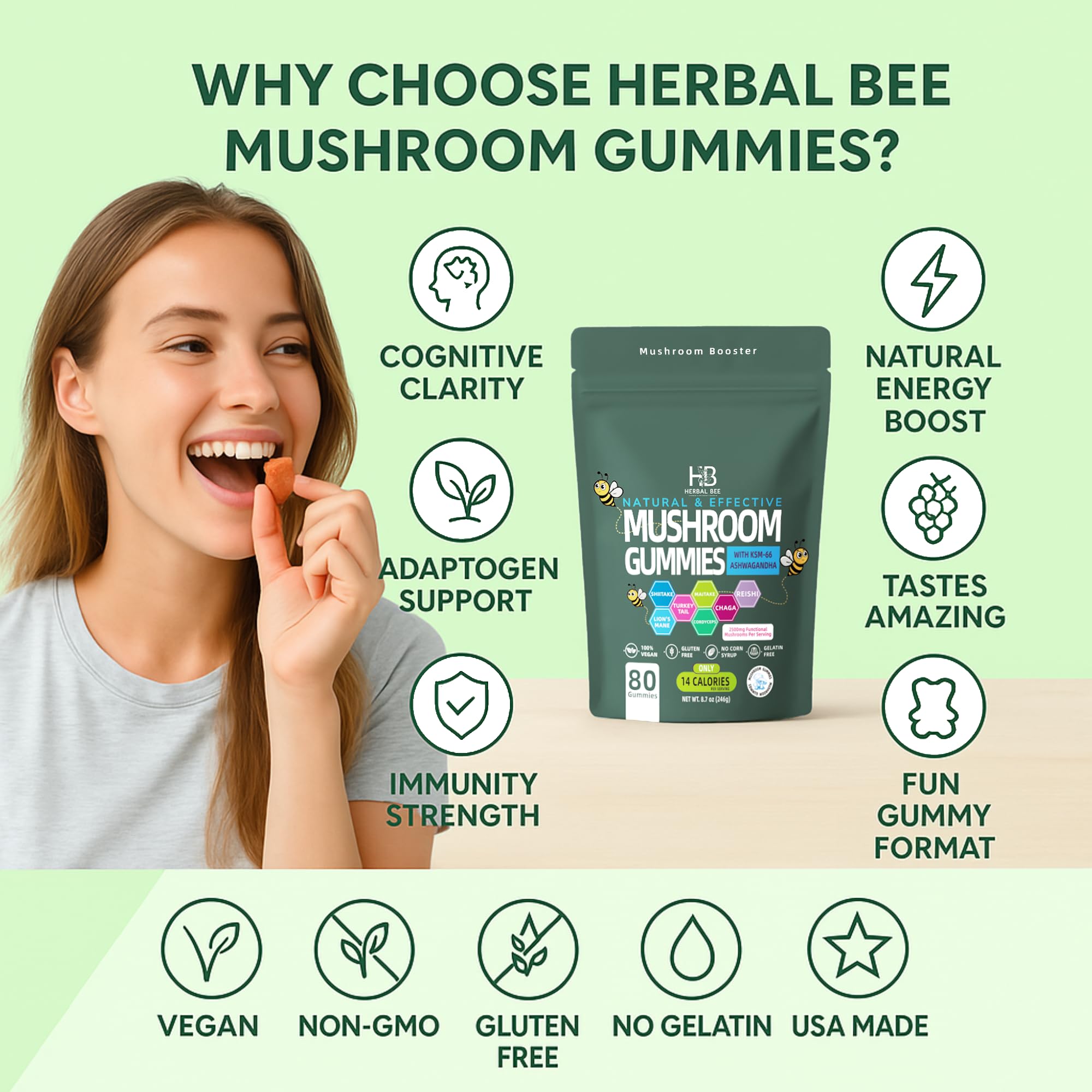 Herbal Bee gummies on a wooden table