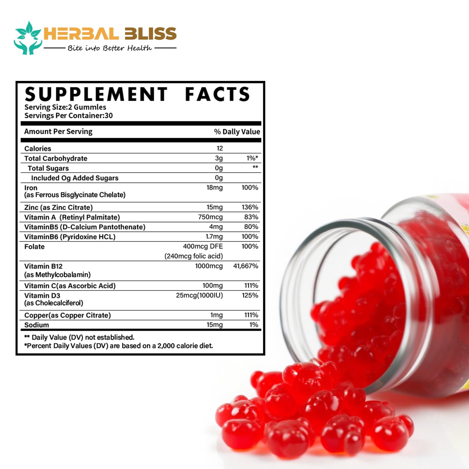 Herbal Bliss Iron Bisglycinate Gummies in a hand