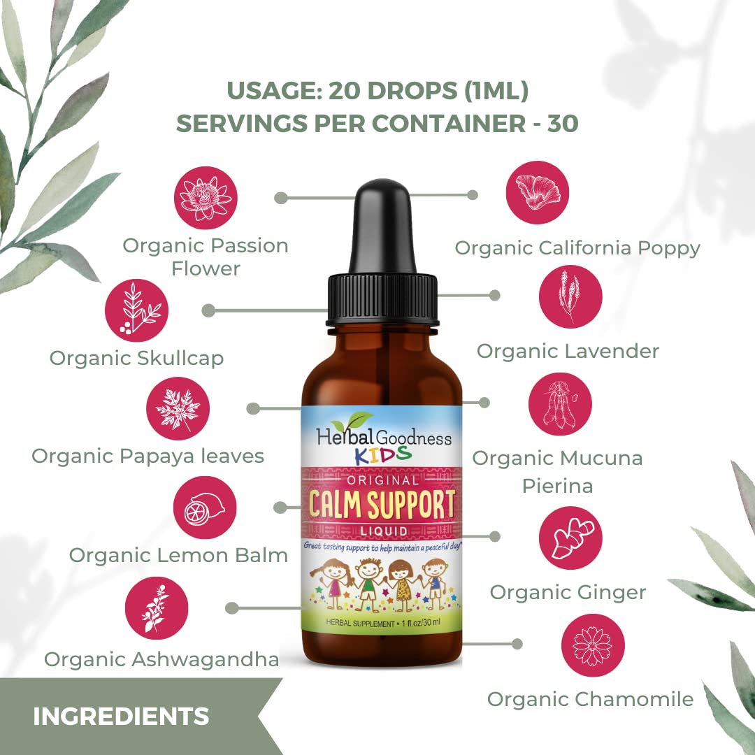 Herbal Goodness Kids Calm Syrup with lemon balm leaves