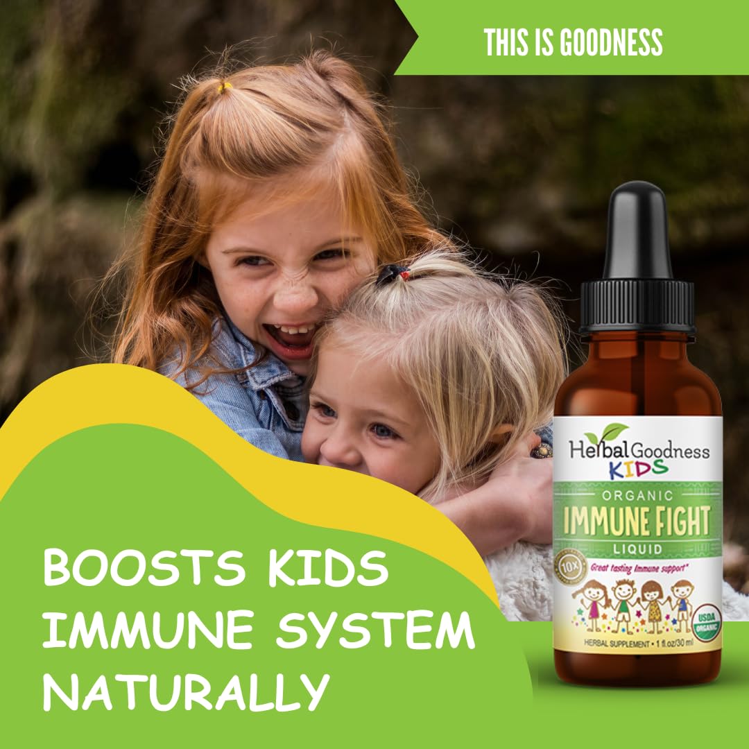 Herbal Goodness Kids daily wellness Support Liquid Supplement 28g in a kitchen setting