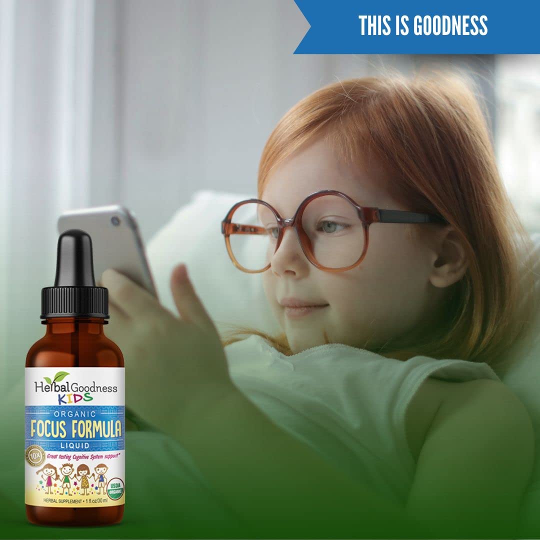 Herbal Goodness Kids Focus Formula Liquid Extract 1oz lifestyle scene with child