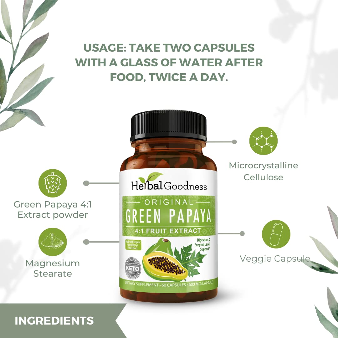 Herbal Goodness Papaya Leaf Capsules on a wooden table