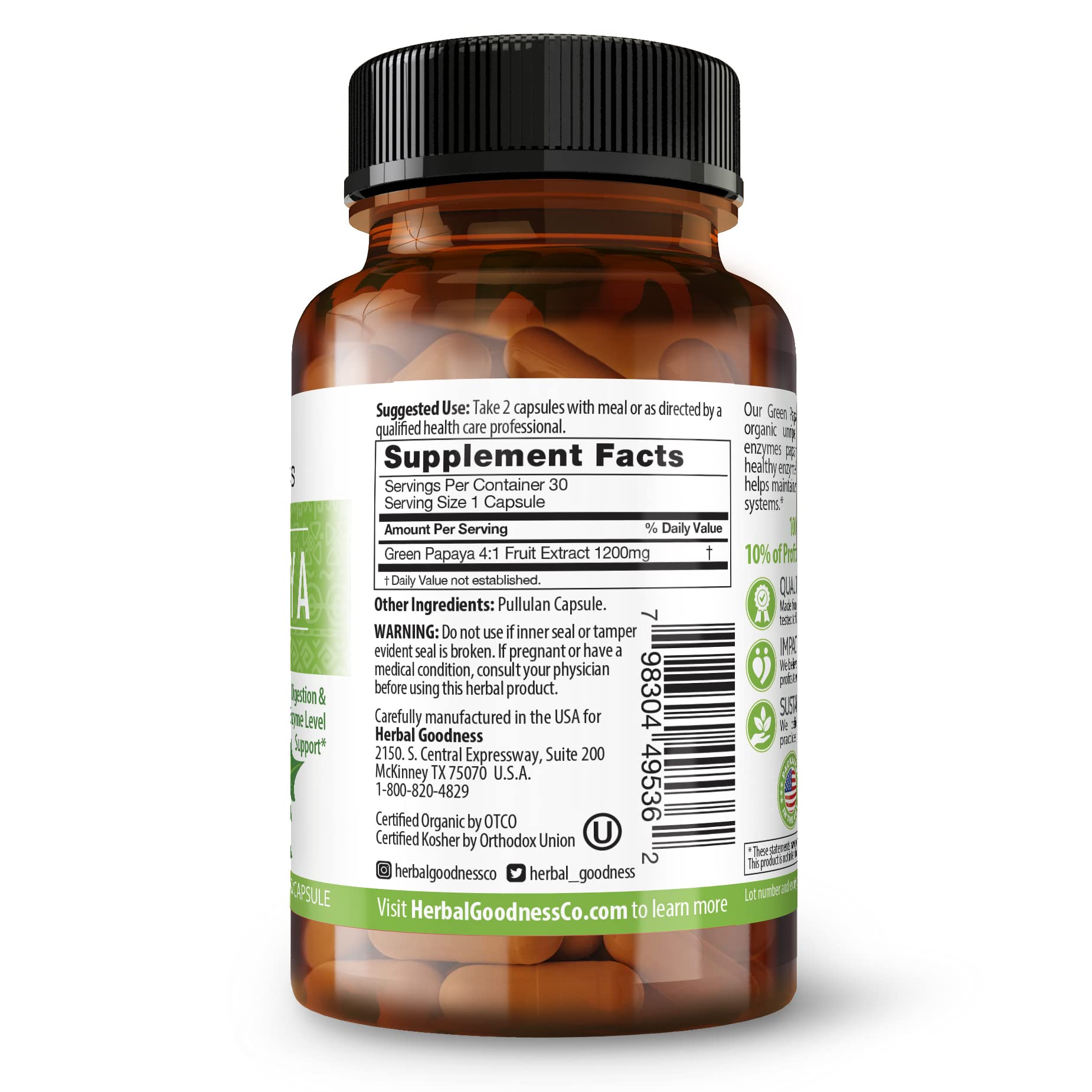 Herbal Goodness Papaya Leaf Capsules showing capsule size