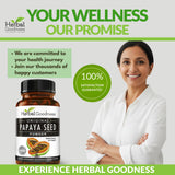 Herbal Goodness Papaya Seeds Capsules 1200mg bottle with a measuring spoon