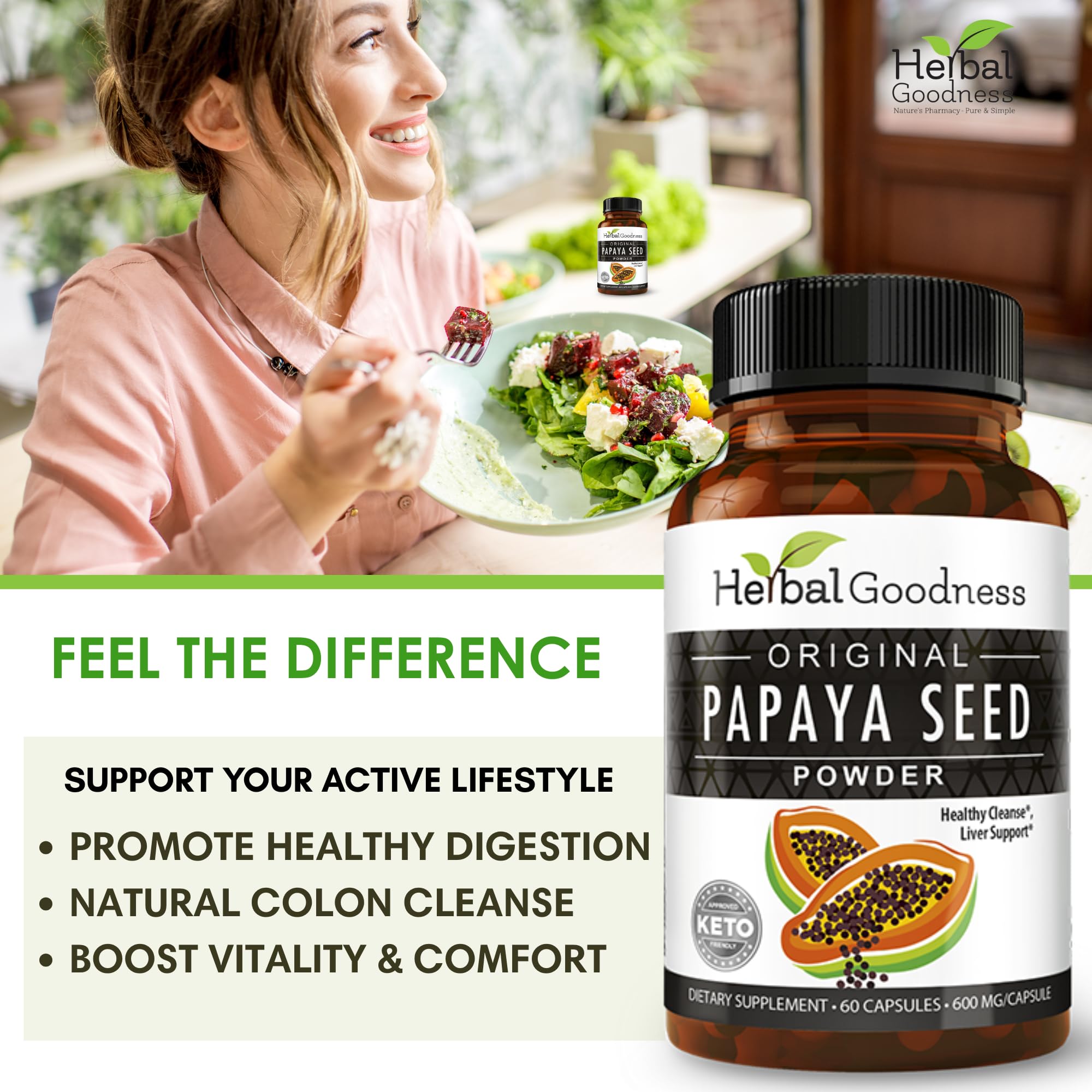 Herbal Goodness Papaya Seeds Capsules 1200mg bottle with label