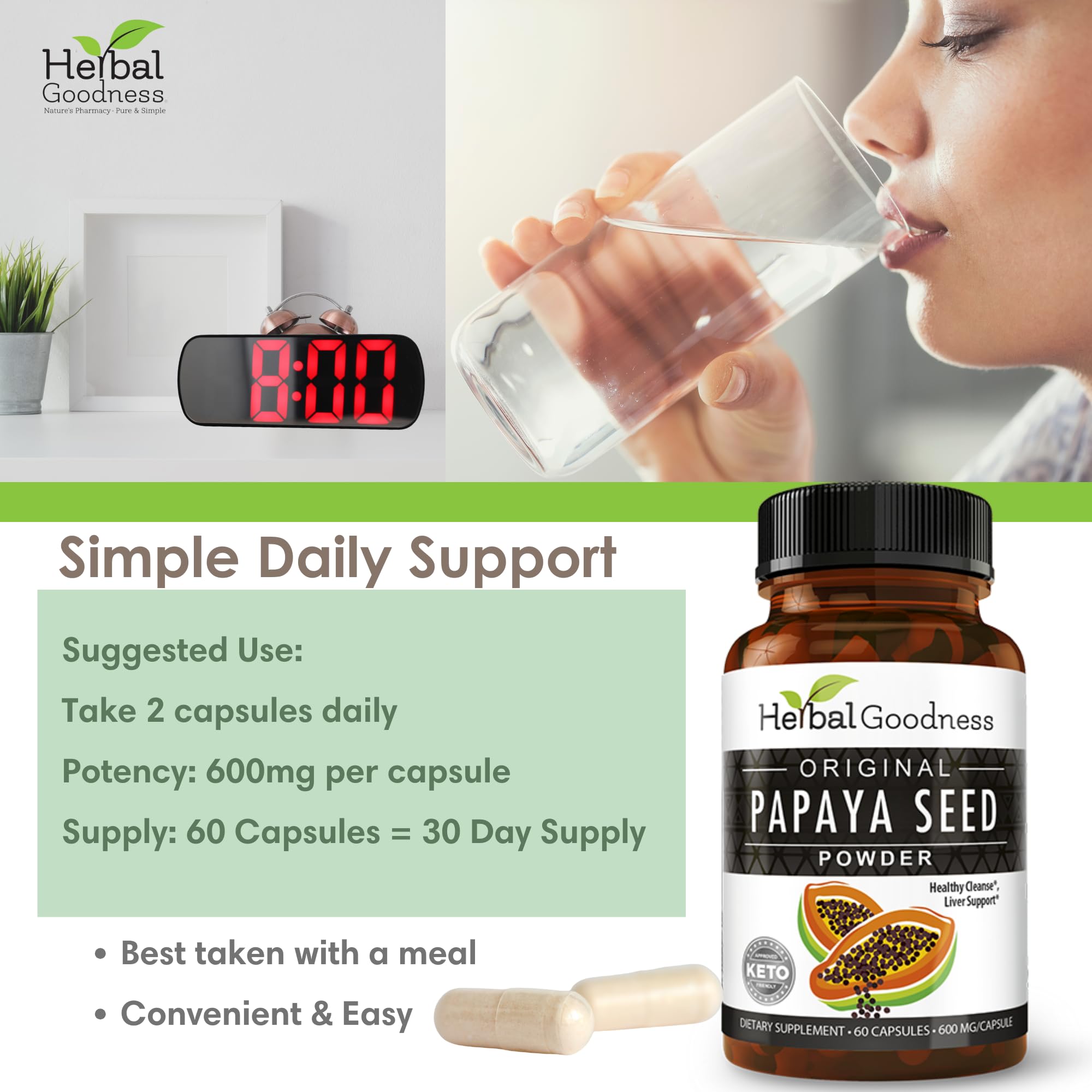 Herbal Goodness Papaya Seeds Capsules 1200mg capsules on a wooden surface