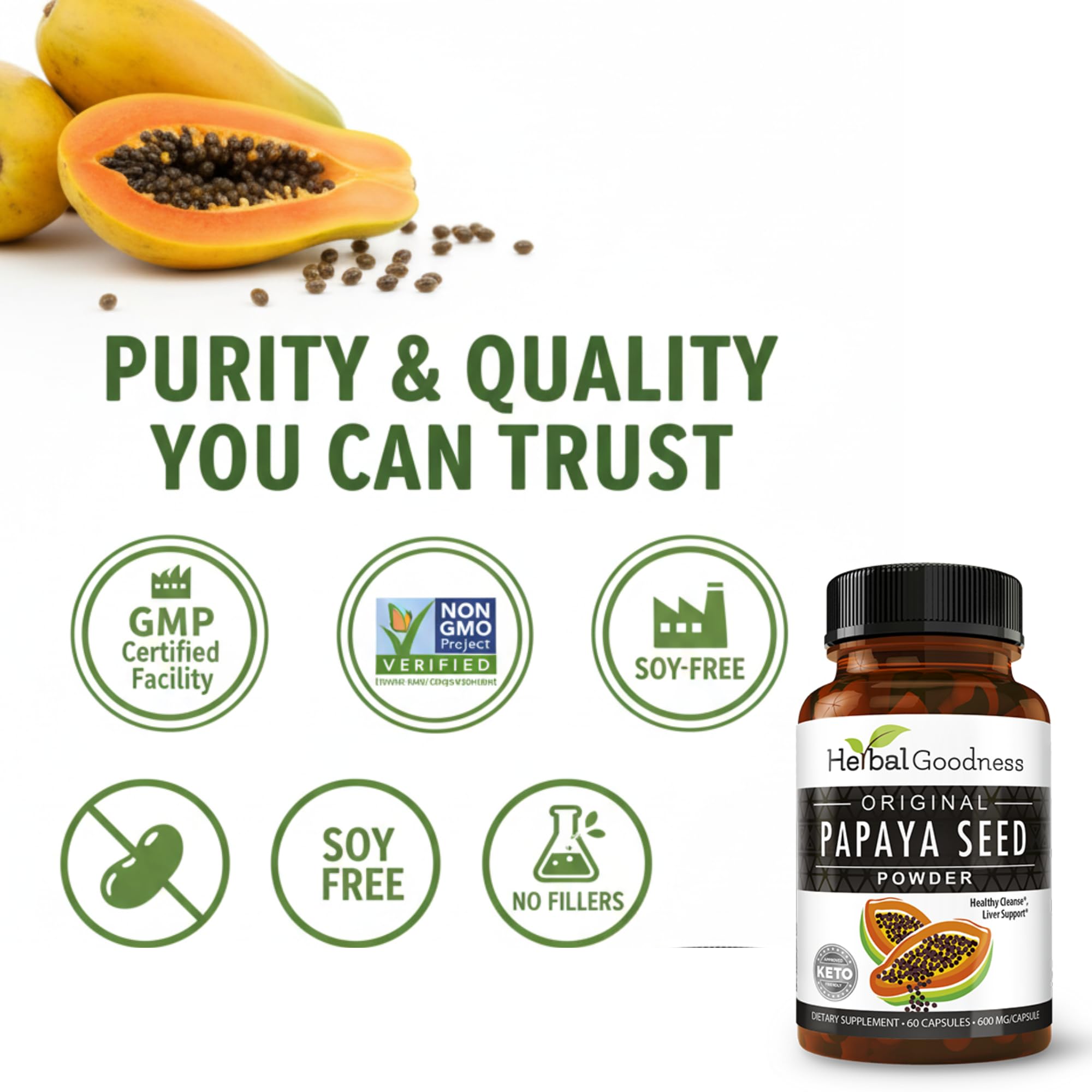 Herbal Goodness Papaya Seeds Capsules 1200mg packaging details