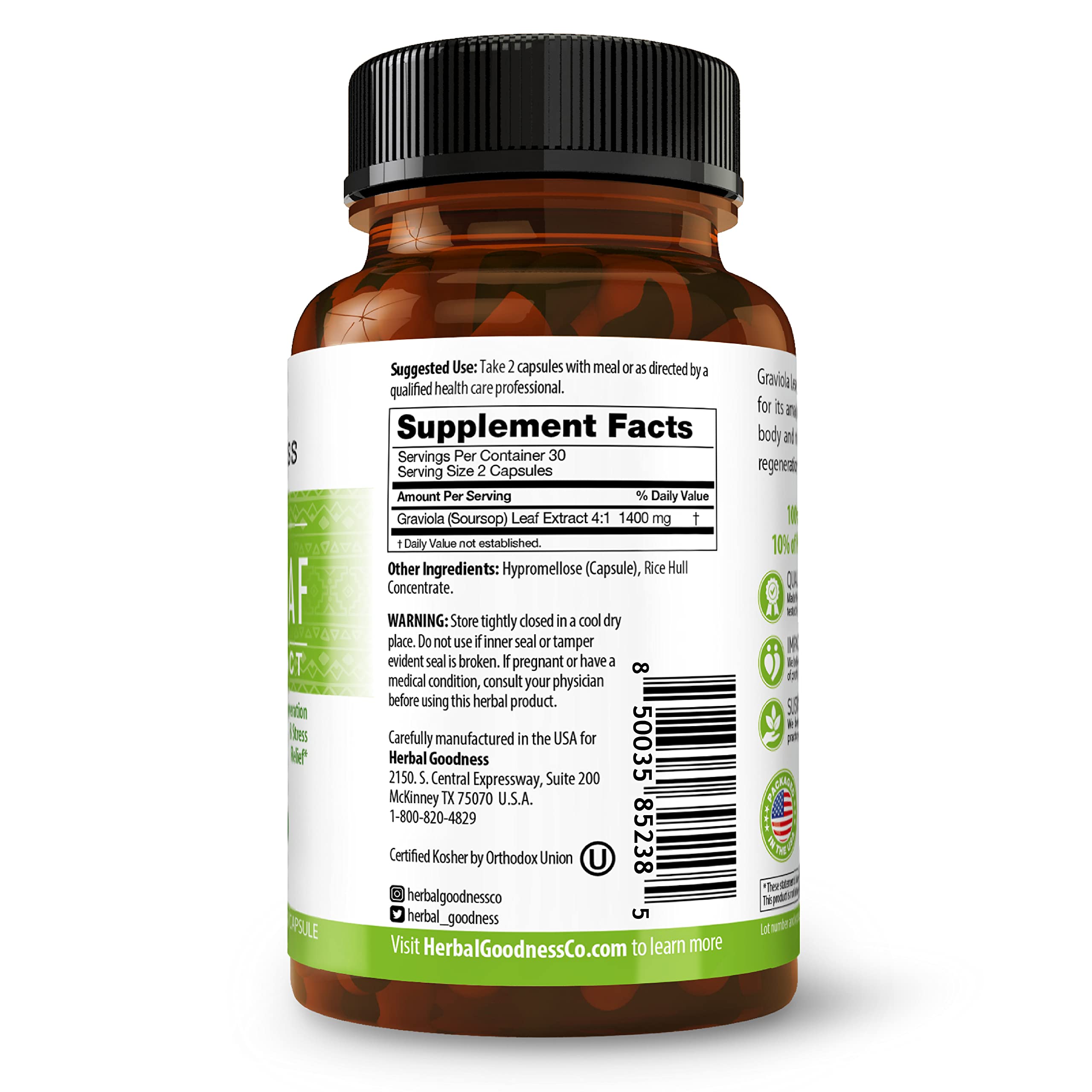 Herbal Goodness Soursop Capsules 700mg with a measuring spoon