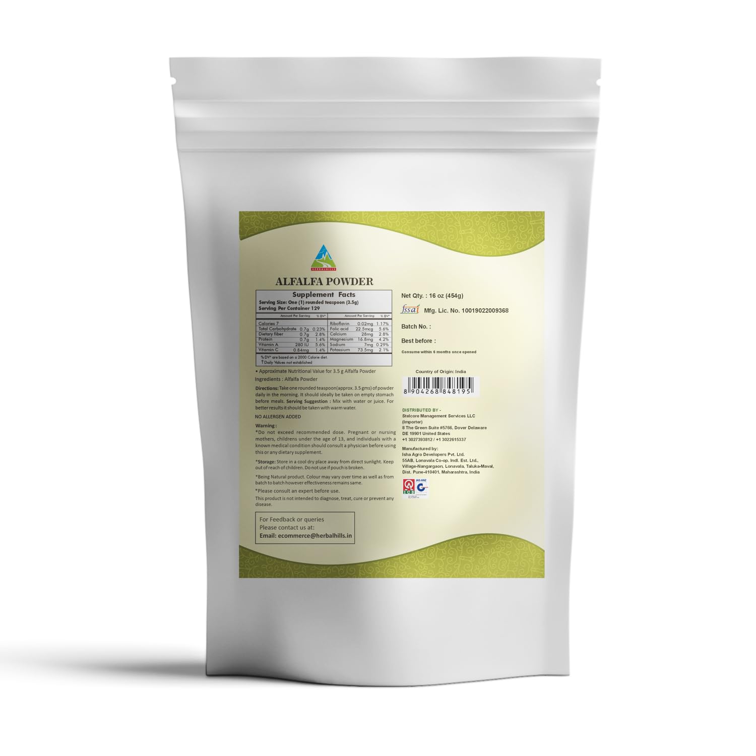 HERBAL HILLS Alfalfa Powder Green Superfood 472g scoop included