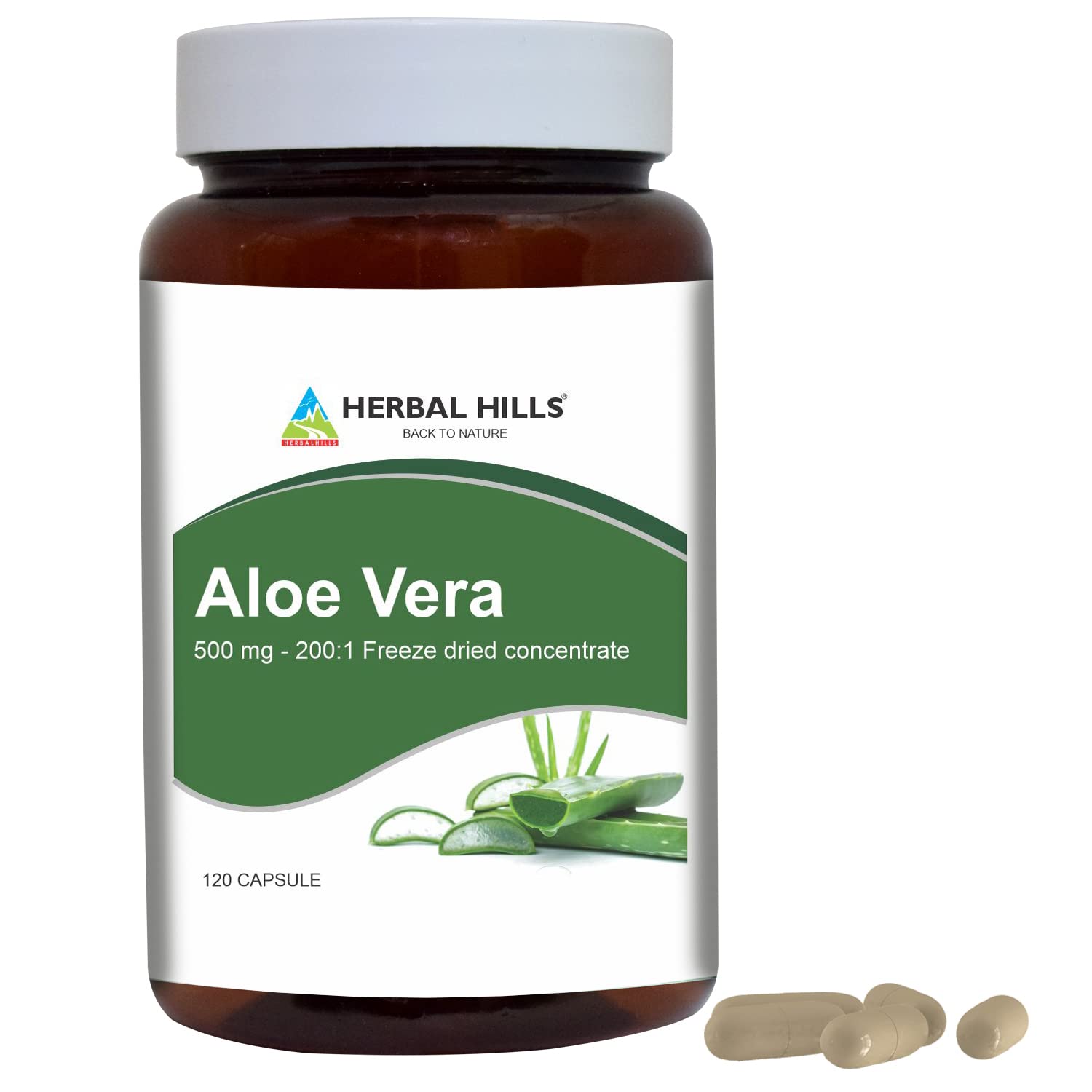 HERBAL HILLS Aloe Vera Capsules 500mg front view
