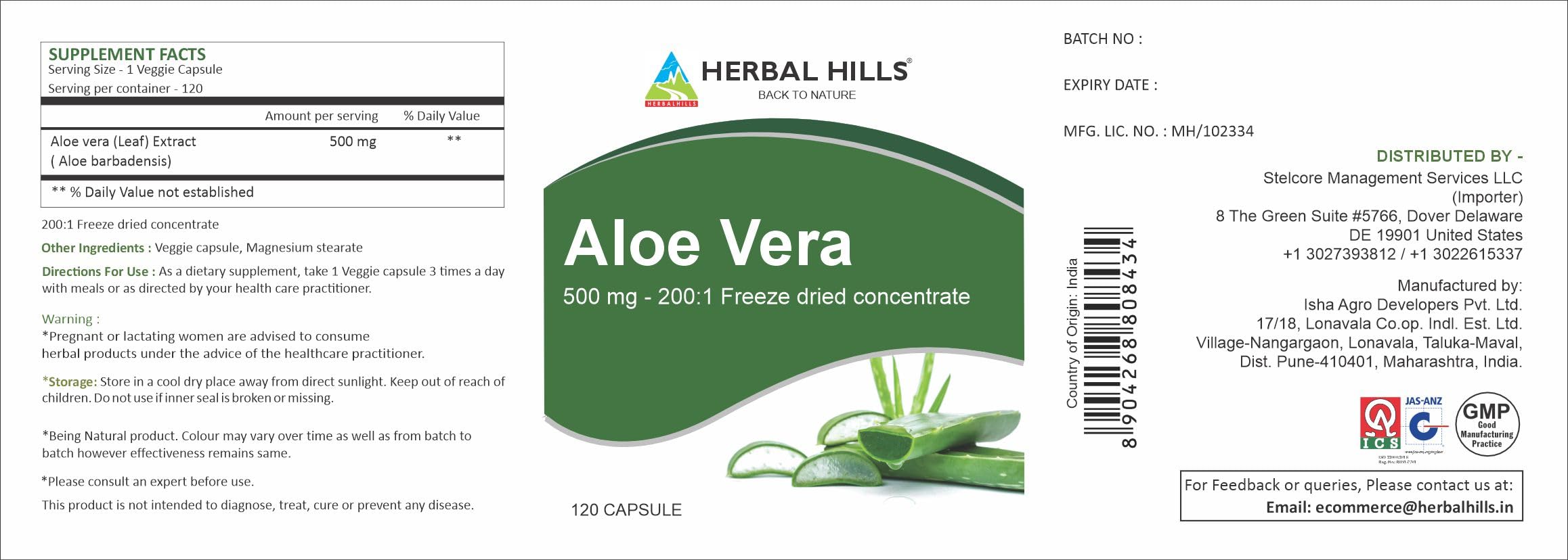 HERBAL HILLS Aloe Vera Capsules 500mg nutritional information