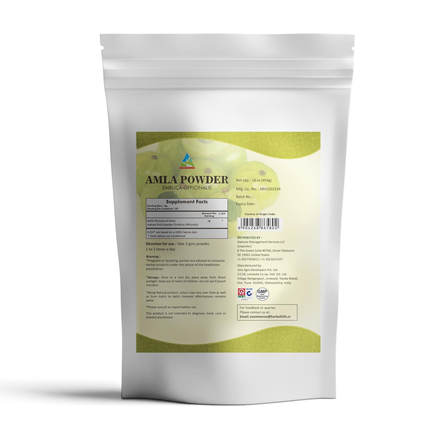 HERBAL HILLS Amla Powder 454g packaging