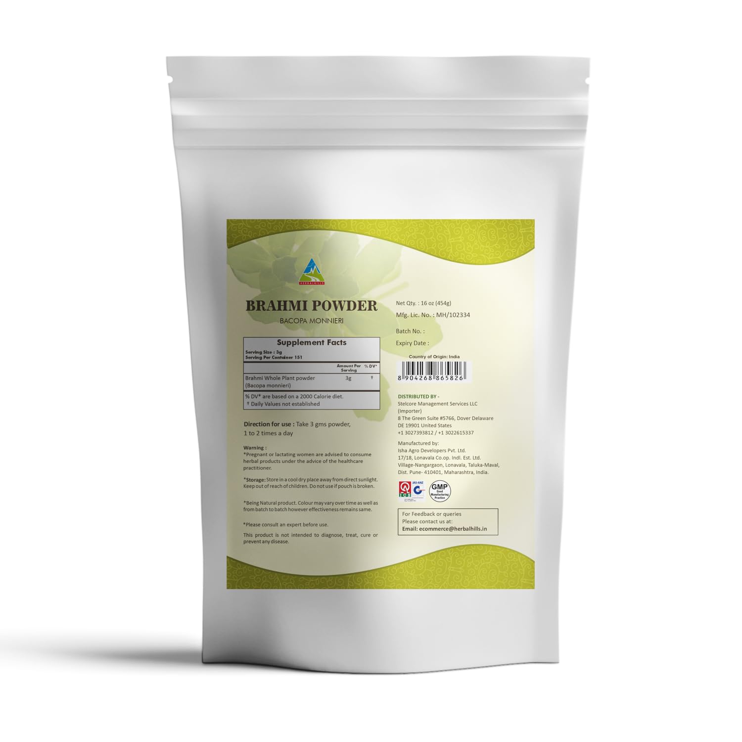 HERBAL HILLS Bacopa Monnieri Powder packaging details