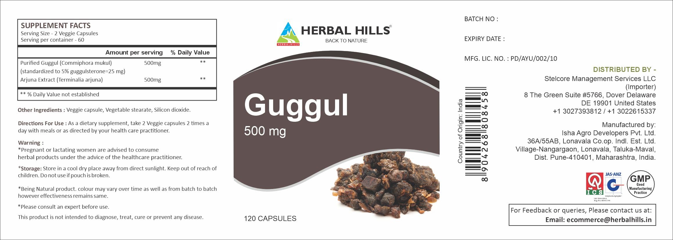 HERBAL HILLS Guggul Capsule 120 Count packaging details