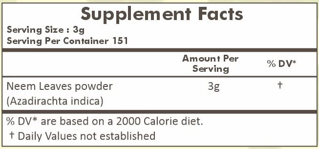 HERBAL HILLS Neem Powder 472g back view showing ingredients