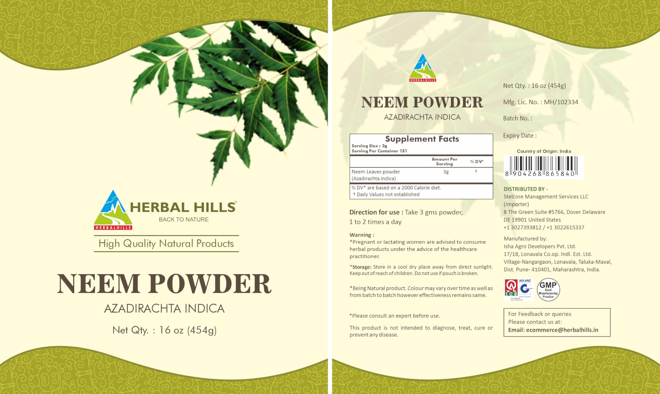 HERBAL HILLS Neem Powder 472g in a bowl with fresh neem leaves