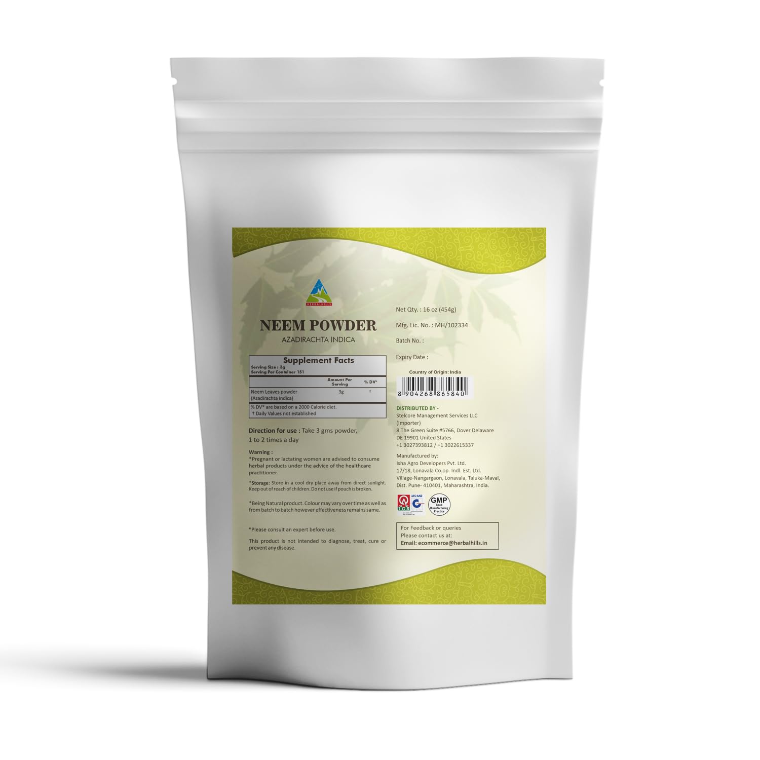 HERBAL HILLS Neem Powder 472g side view with label