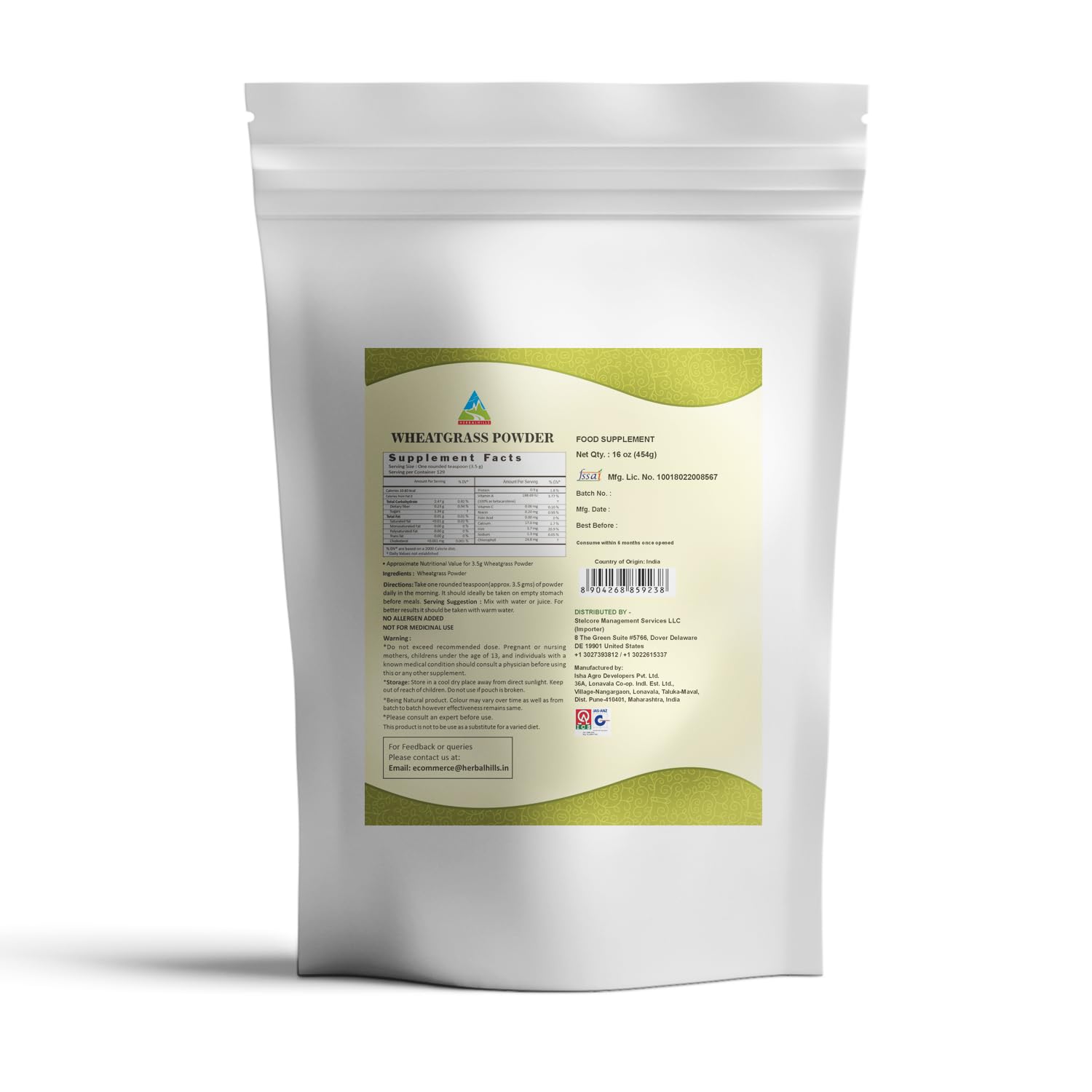 HERBAL HILLS Wheat Grass Powder back view with nutritional information