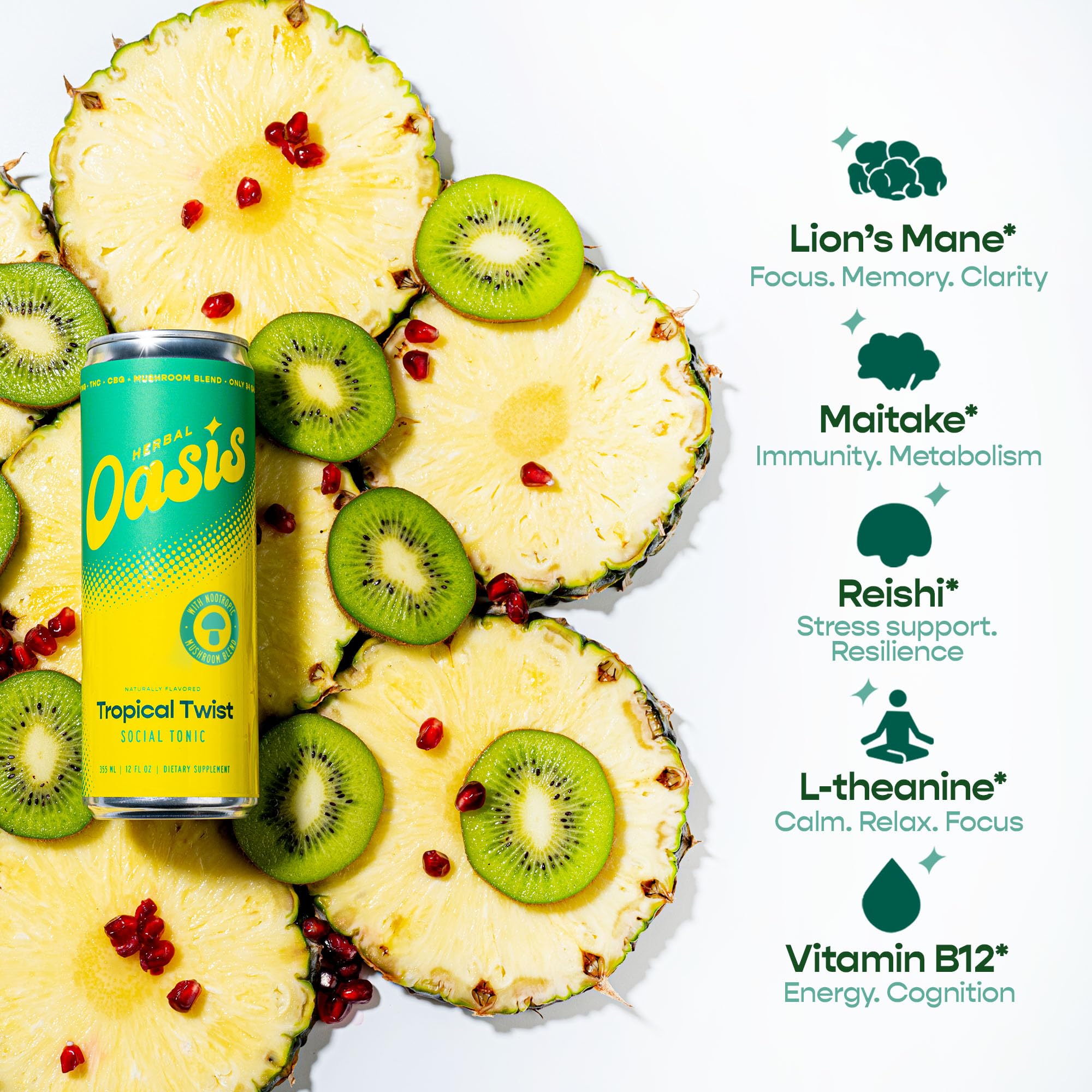 HERBAL OASIS Tropical Mushroom Tonic can with kiwi and blueberries