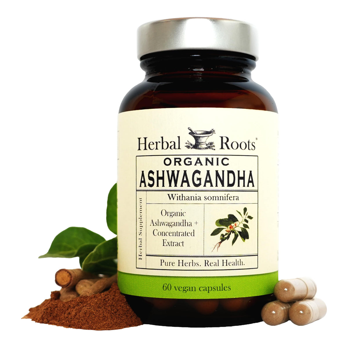 Herbal Roots Ashwagandha Capsules front view with packaging