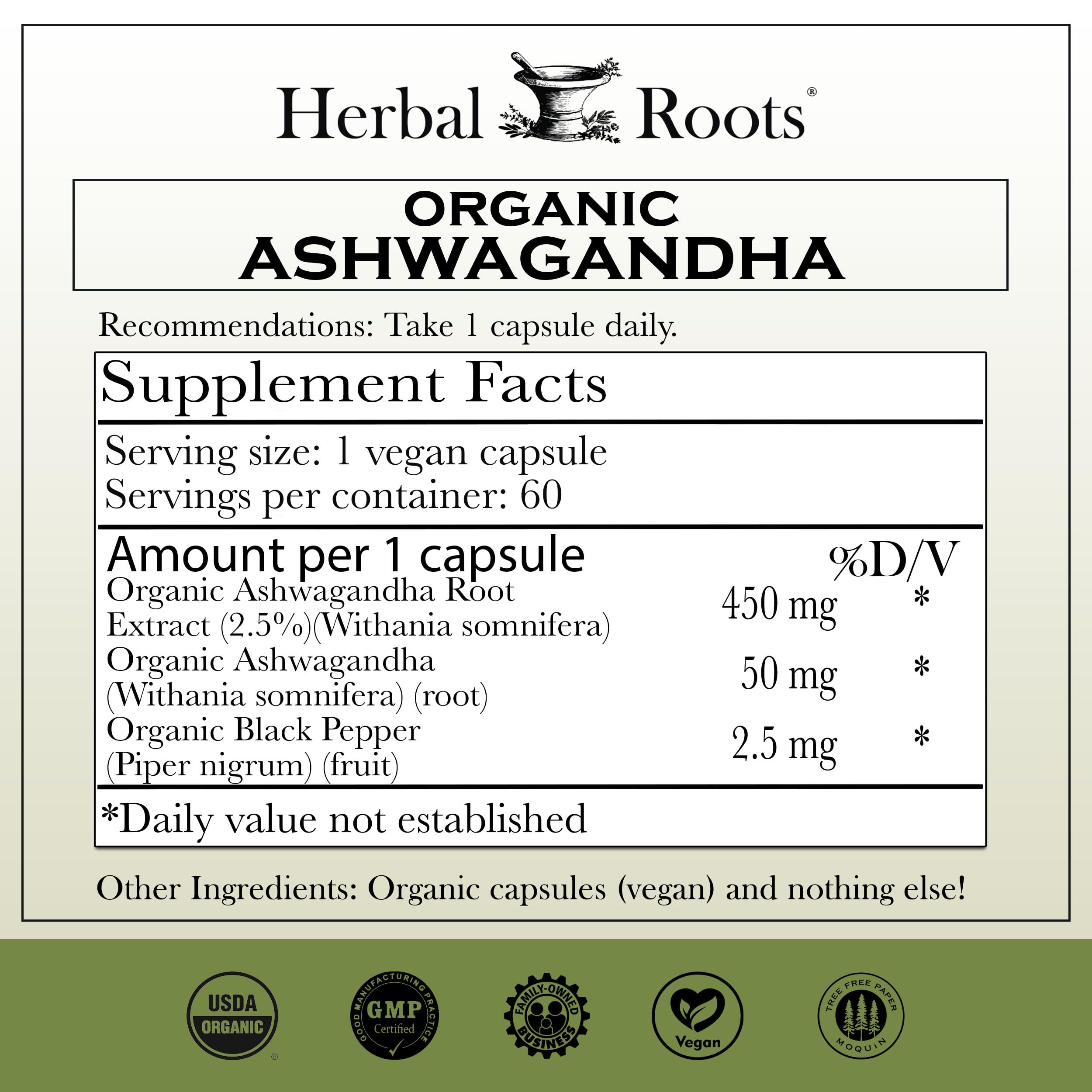 Herbal Roots Ashwagandha Capsules side view showing label