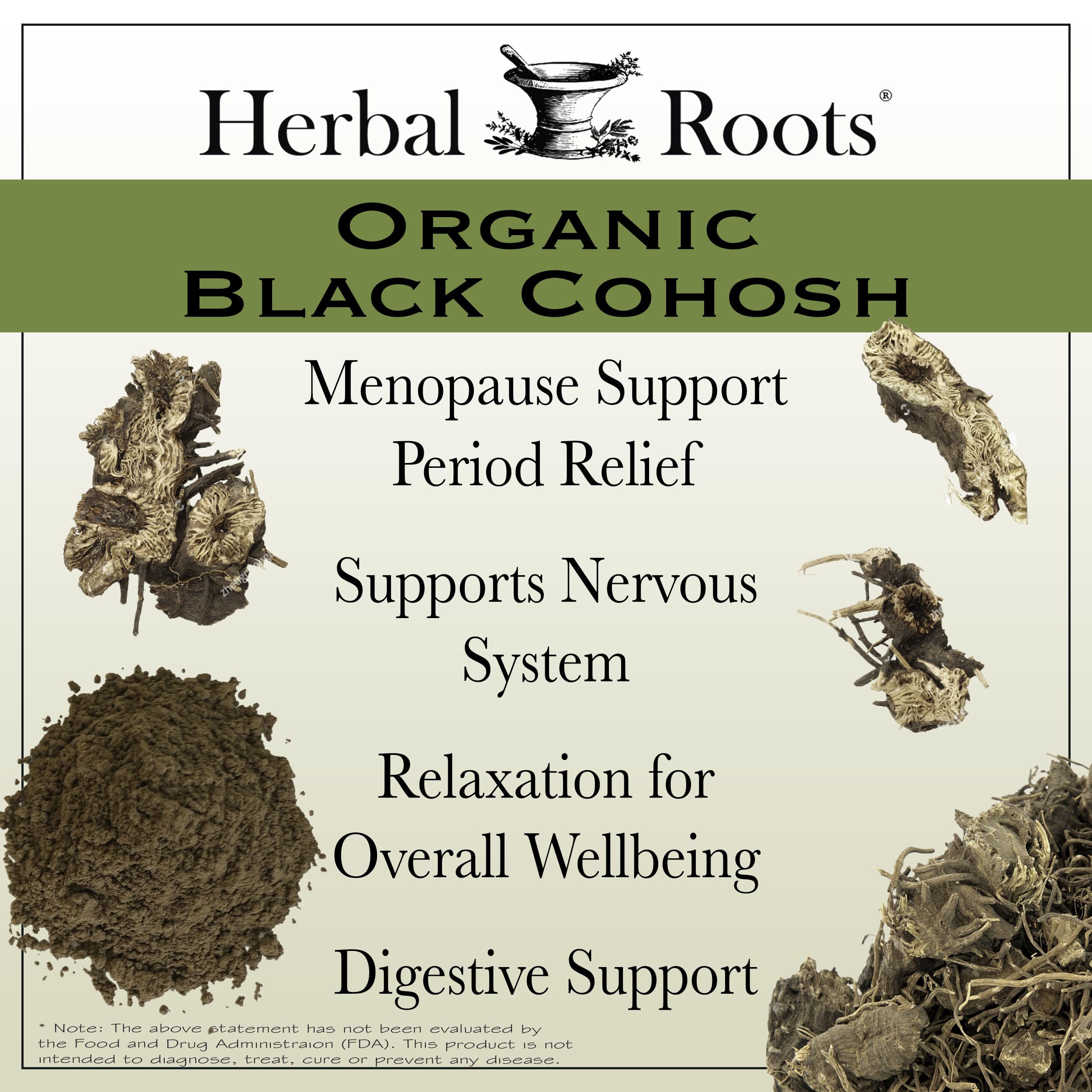Herbal Roots Black Cohosh Supplement back view with ingredient details