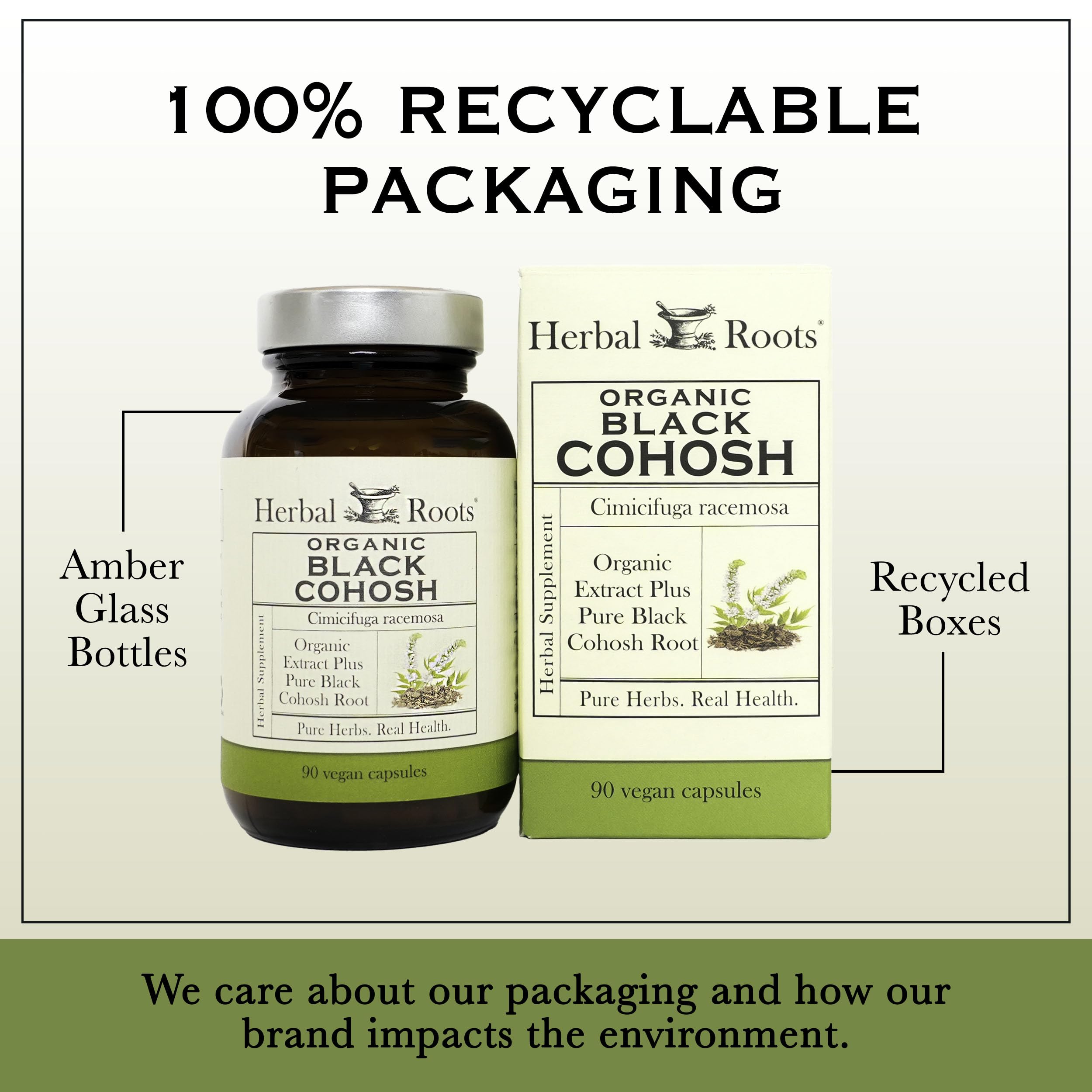 Herbal Roots Black Cohosh Supplement on a wooden table