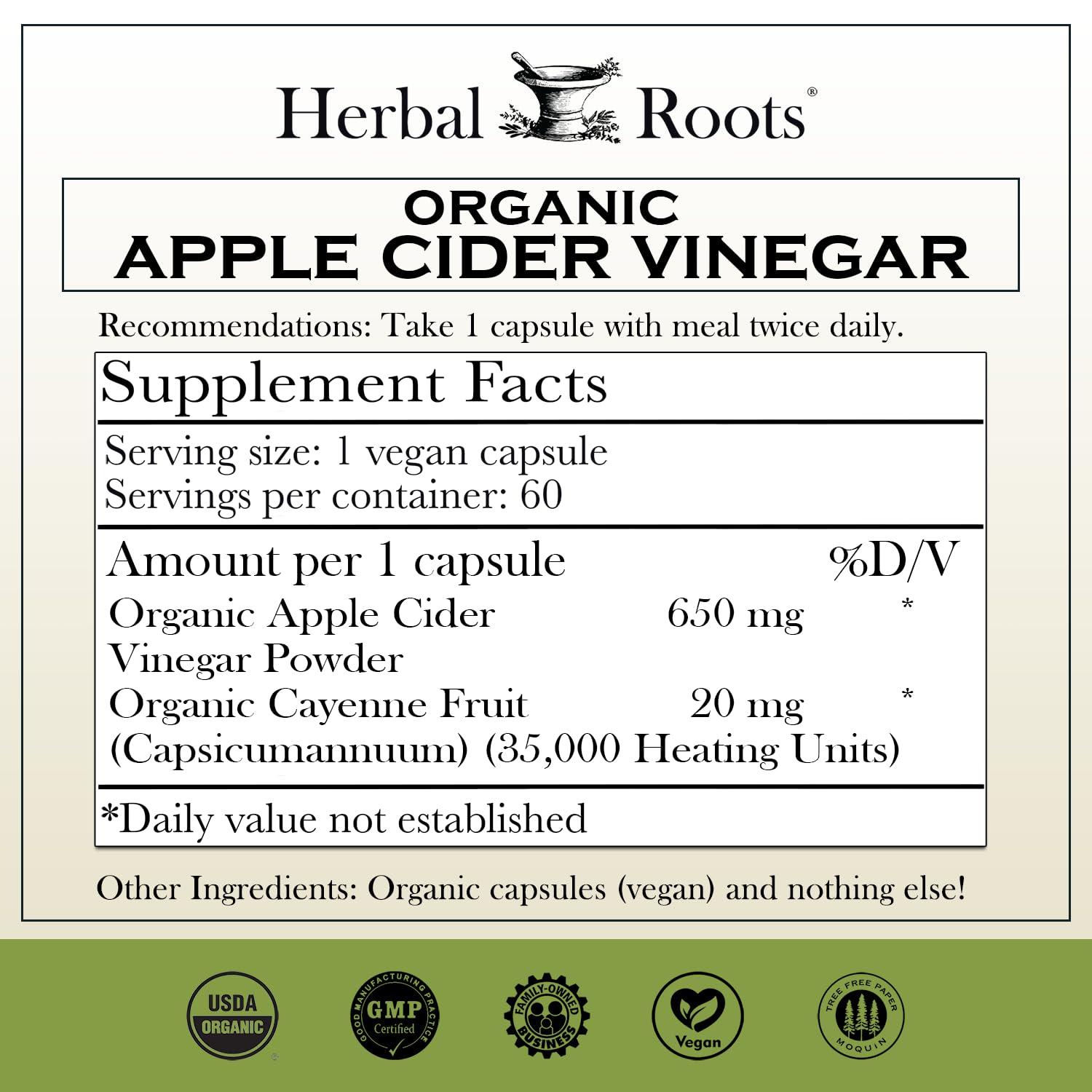 Herbal Roots Cayenne Supplement Capsules side view showing capsule size