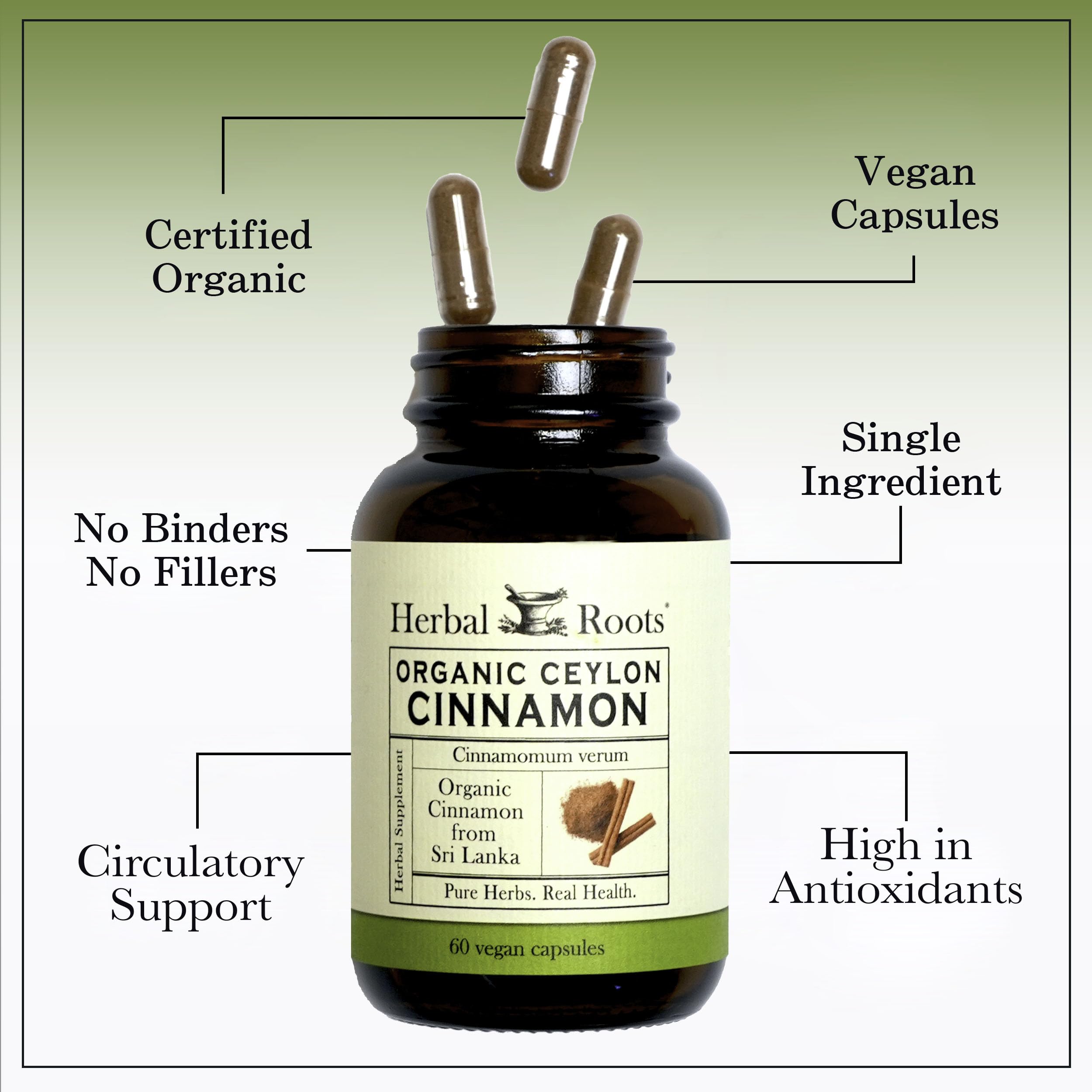 Herbal Roots Cinnamon Supplement 160g capsules close-up