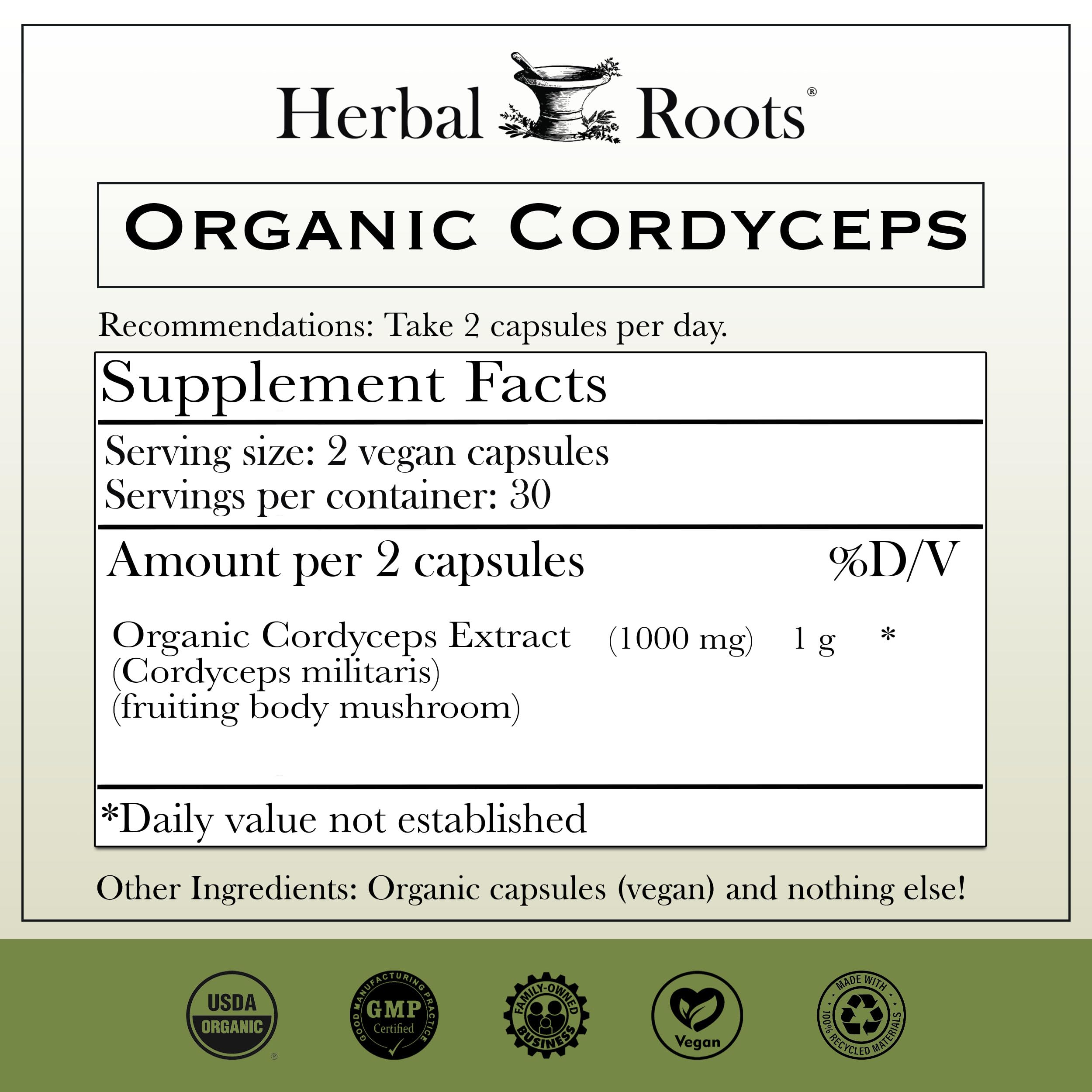Herbal Roots Cordyceps Extract side view showing label