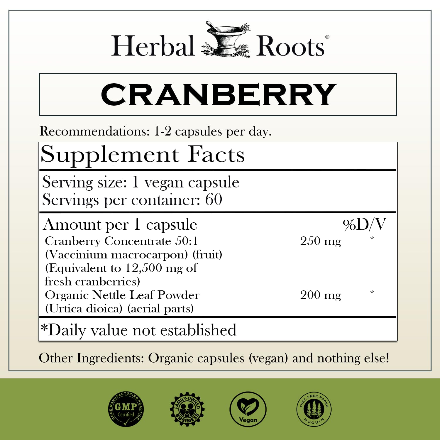 Herbal Roots Cranberry Supplement 159g side view