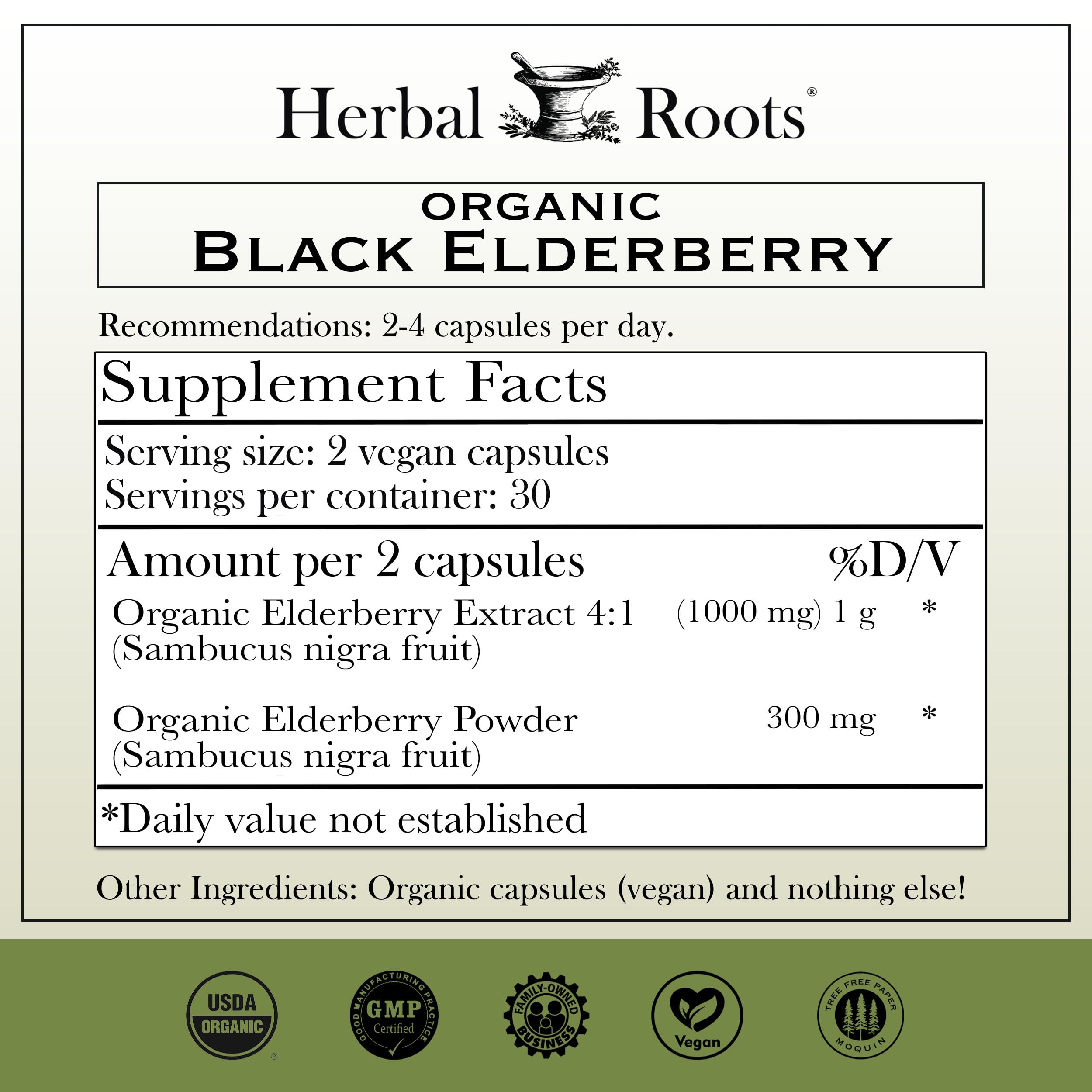 Herbal Roots Elderberry Extract Capsules back view