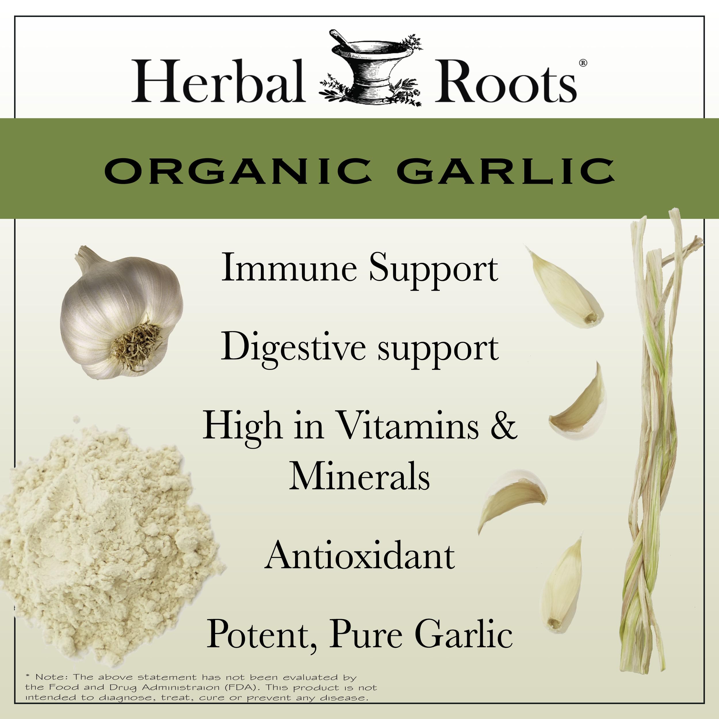 Herbal Roots Garlic Capsules open bottle with capsules visible