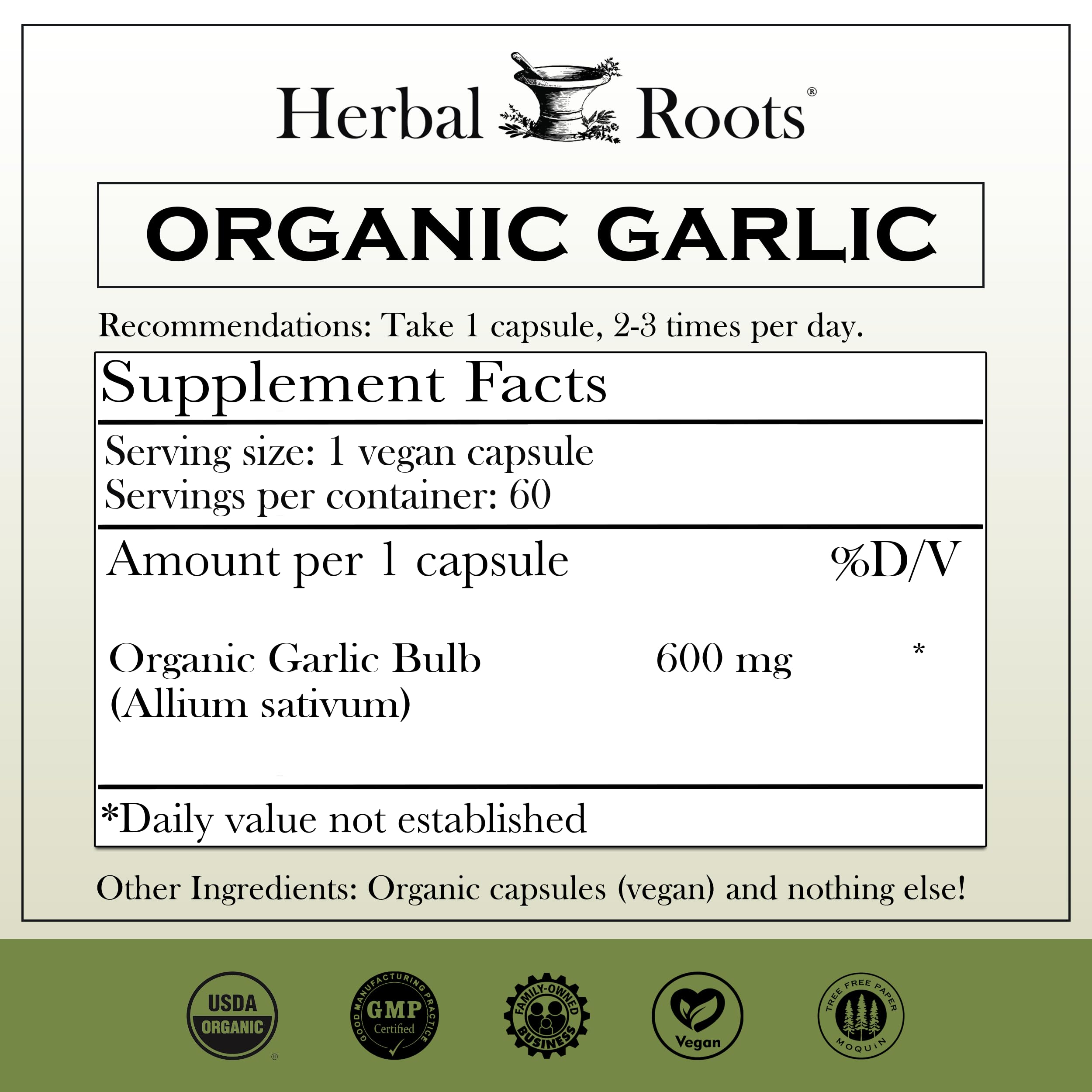 Herbal Roots Garlic Capsules side view showing label