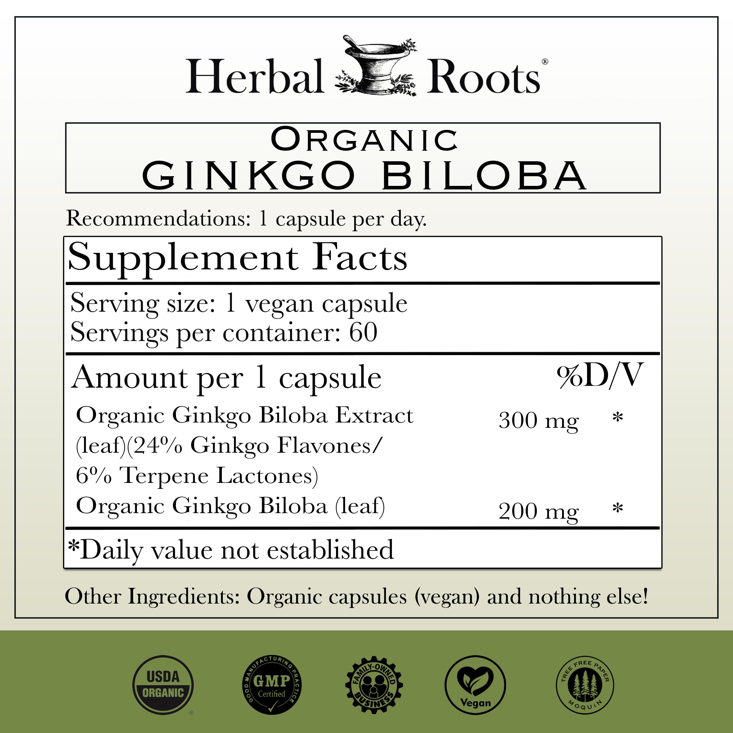 Herbal Roots Ginkgo Biloba Capsules side view with label