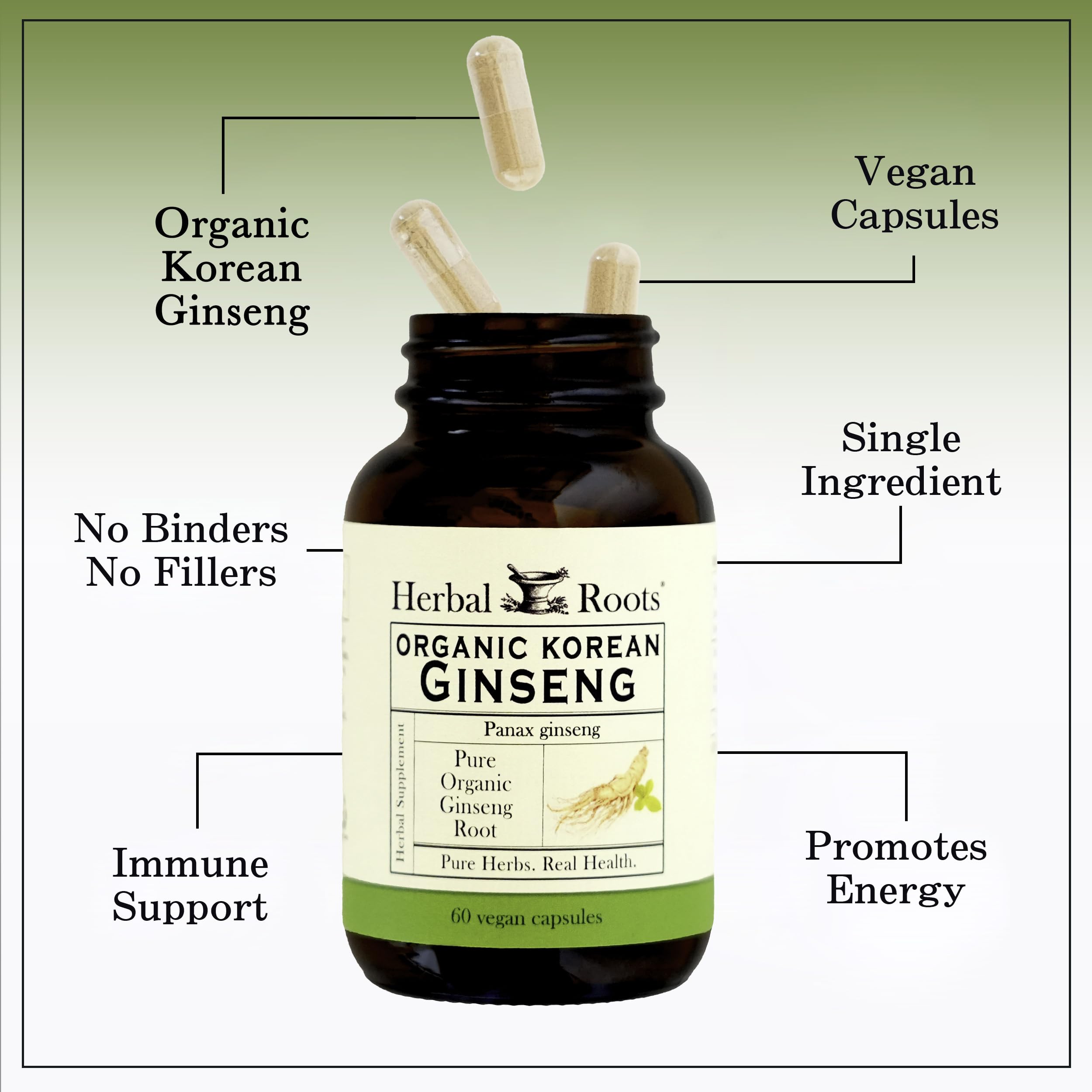 Herbal Roots Ginseng Capsules on a wooden table