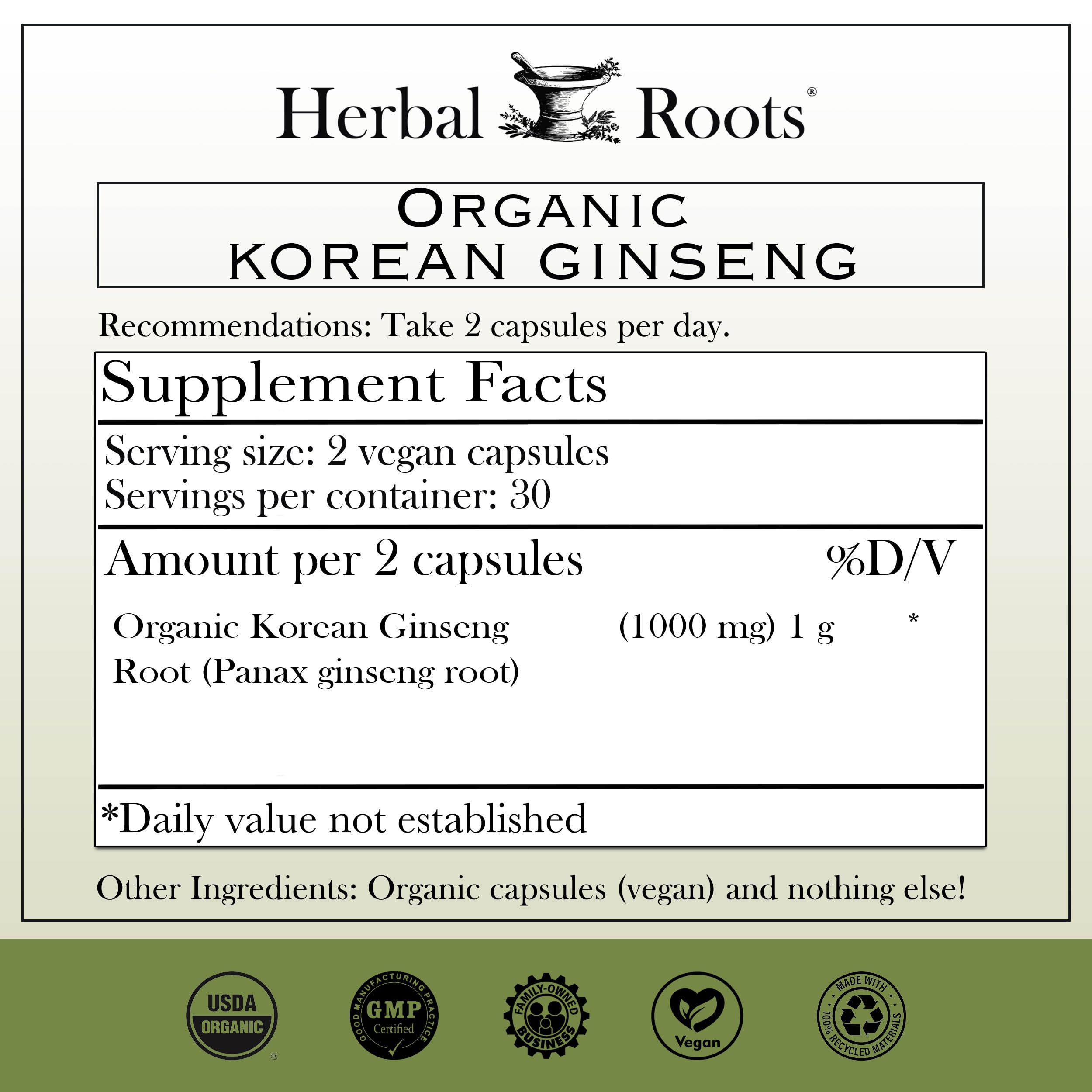 Herbal Roots Ginseng Capsules side view showing capsule details
