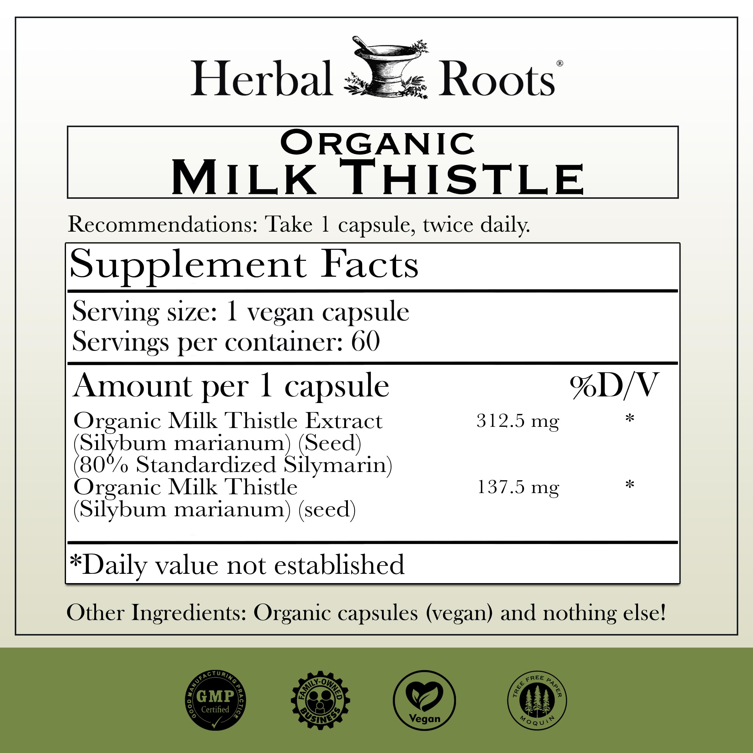 Herbal Roots Milk Thistle Capsules 100g back view with ingredients