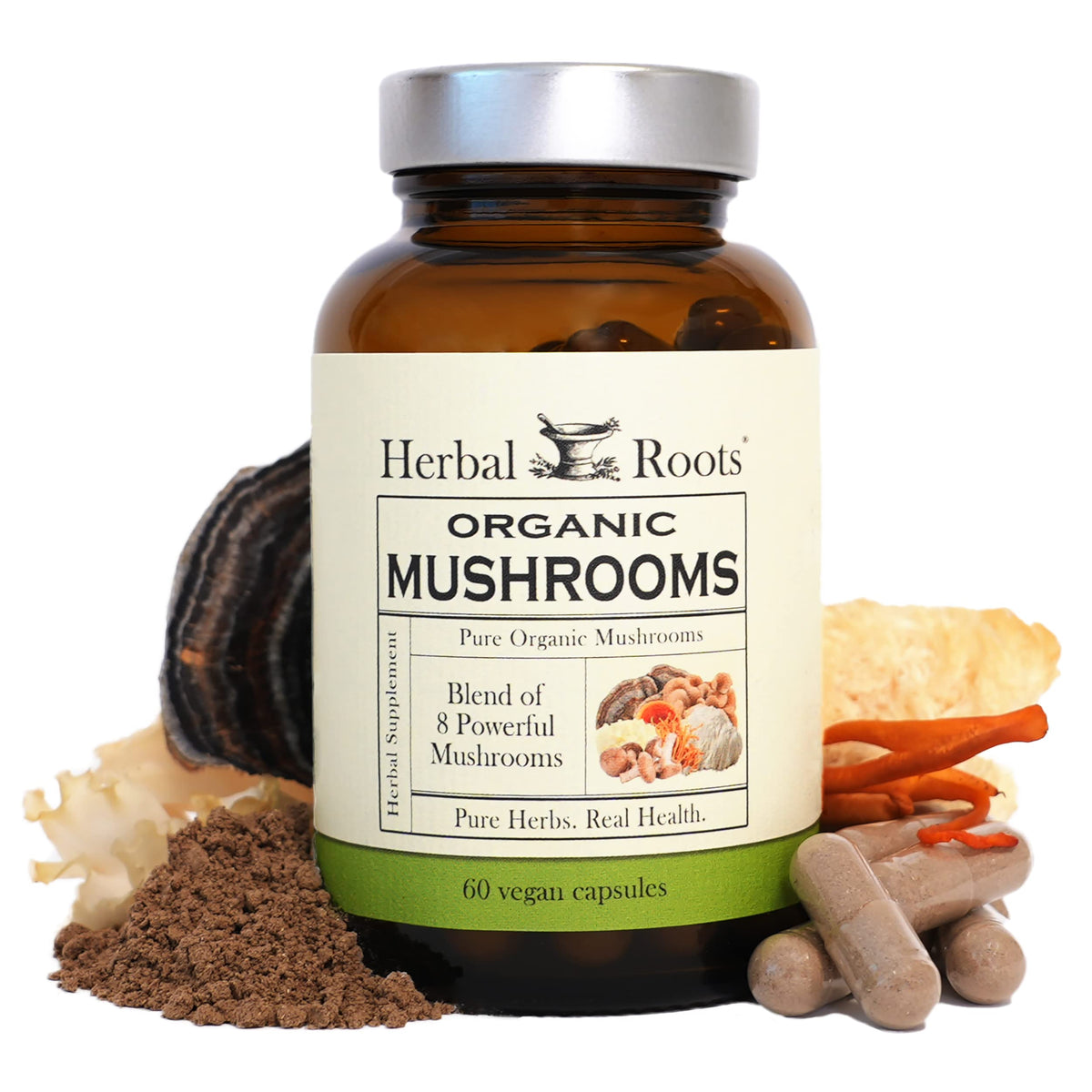 Herbal Roots Mushroom Blend Organic Supplement front view