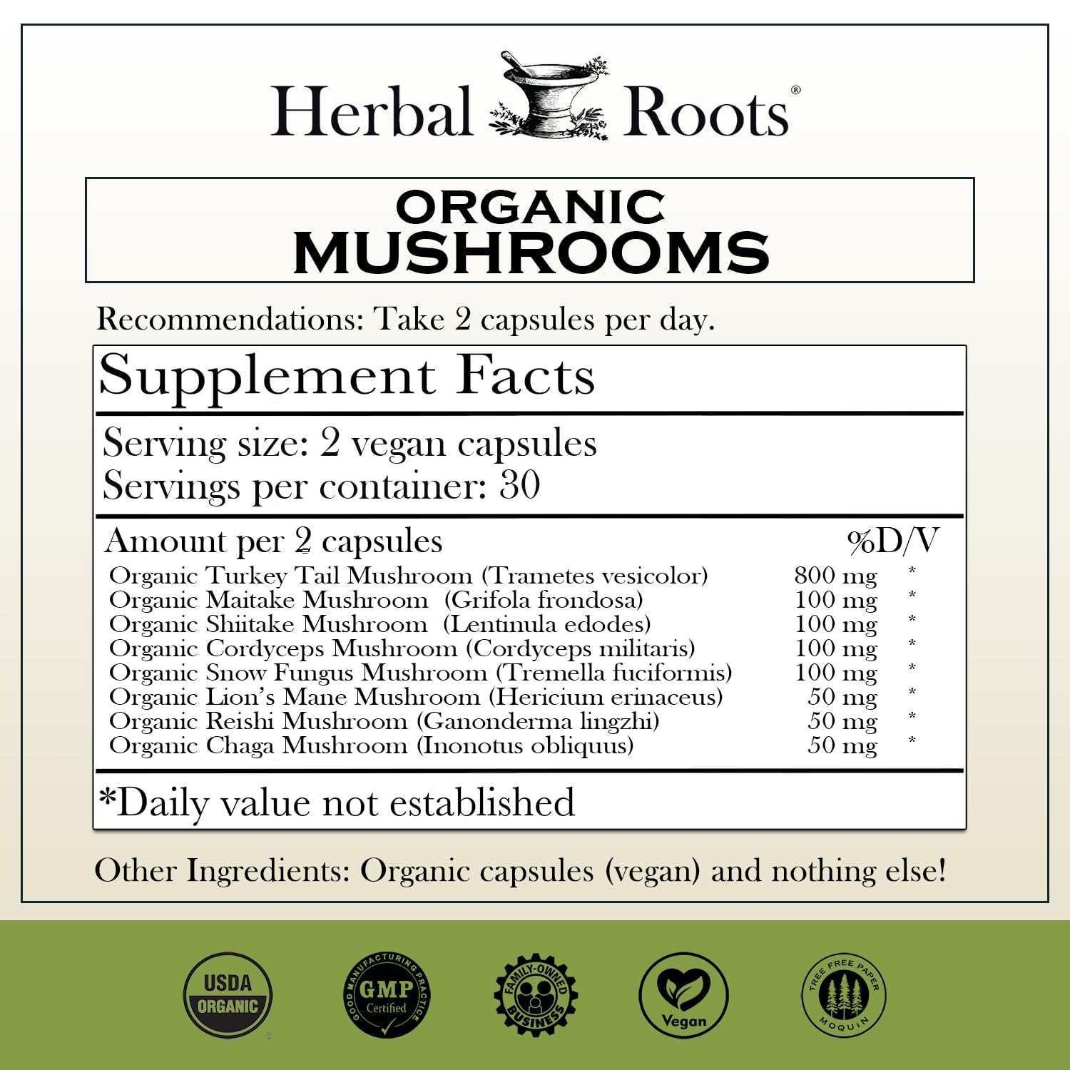 Herbal Roots Mushroom Blend Organic Supplement side view