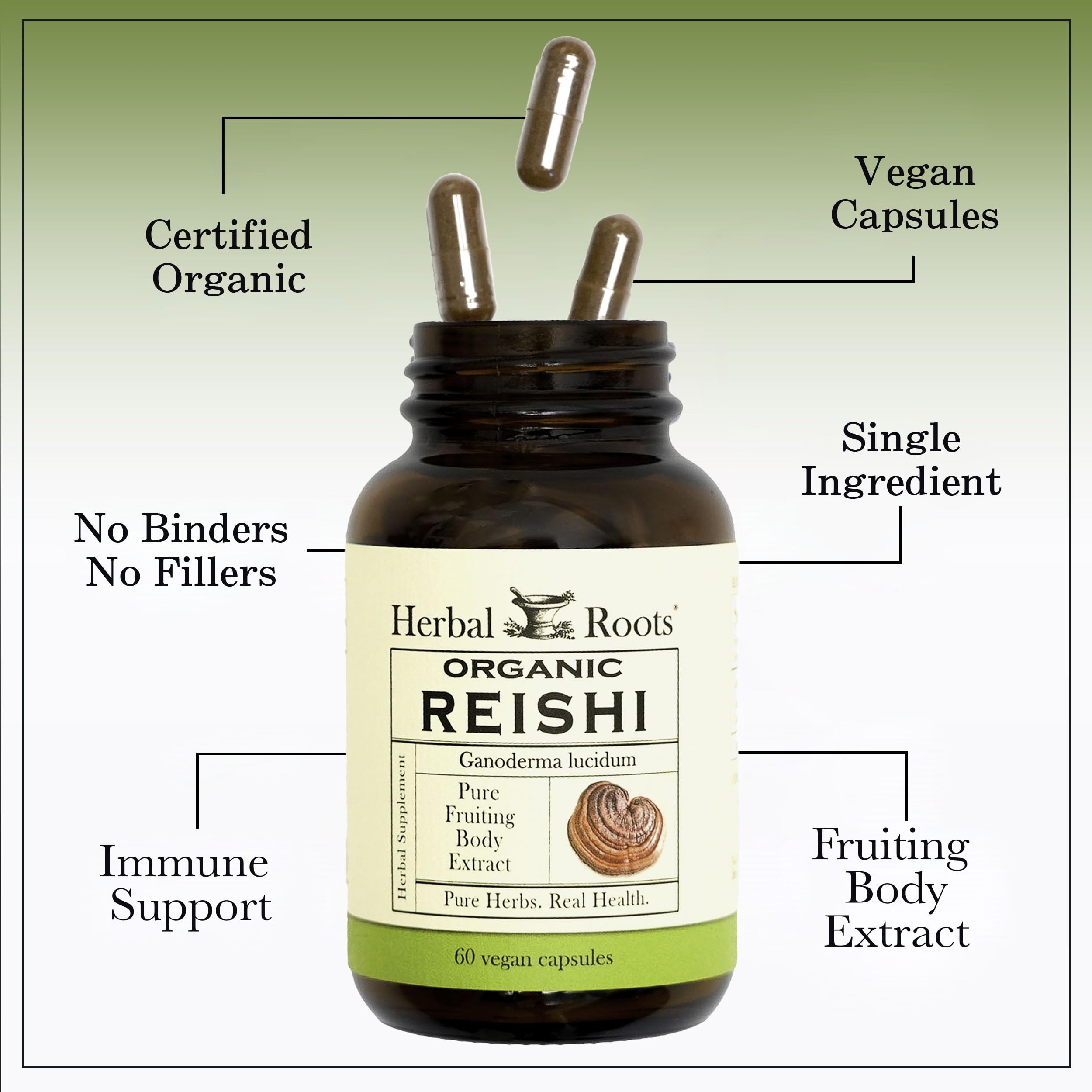 Herbal Roots Mushroom Supplement bottle with cap open