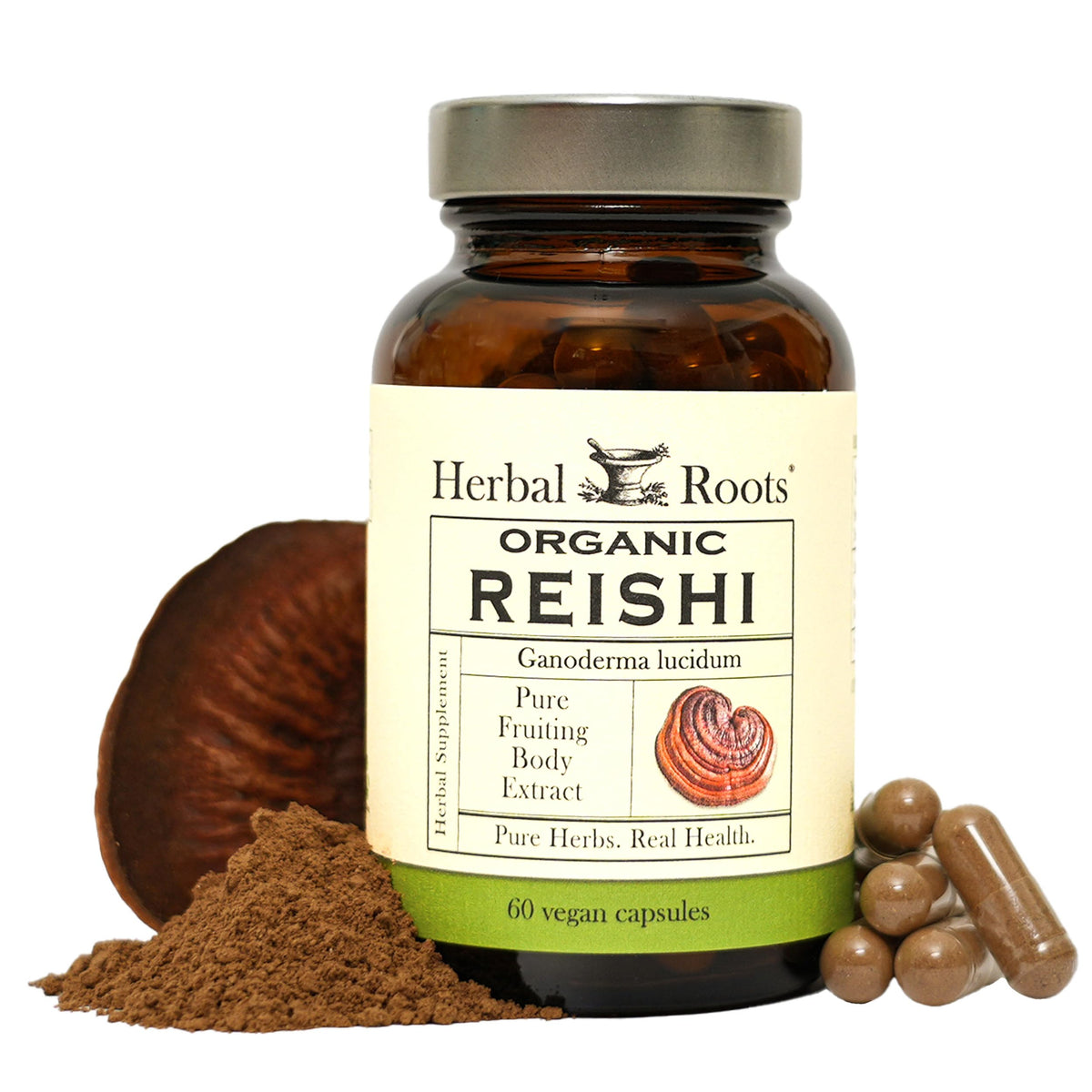 Herbal Roots Mushroom Supplement front view with packaging
