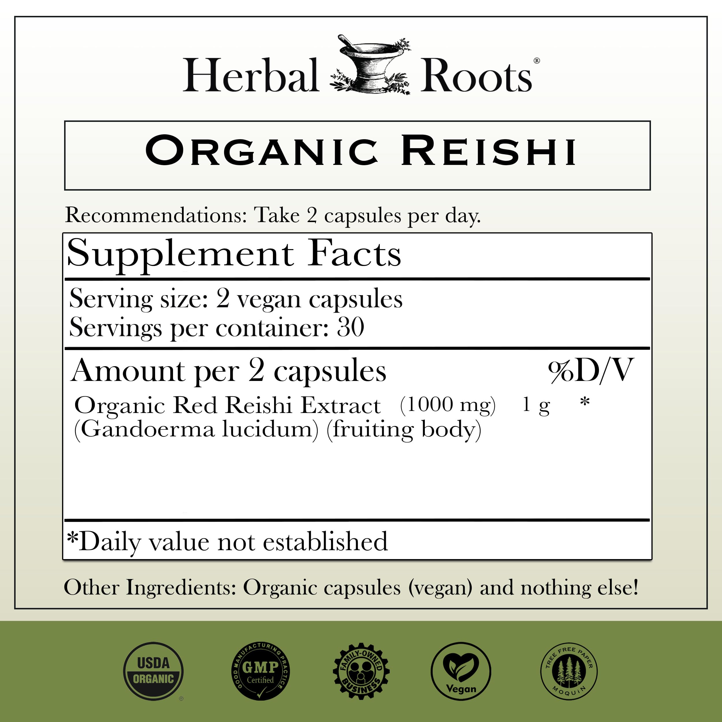 Herbal Roots Mushroom Supplement side view showing the label